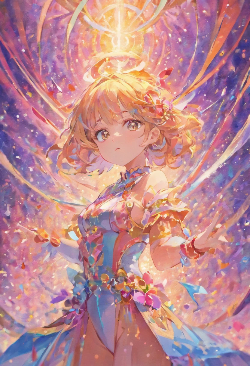 woman, facial closeups, A towering female figure made of ribbons, In the sky, Colorful and bright, iridescent painting, 3/4 perspective view,Wide swirling composition, large beautiful crystal eyes, big irises, hyper HD, hdr, 8K, (Masterpiece: 1. 5), (most beautiful portrait in the world: 1.5)