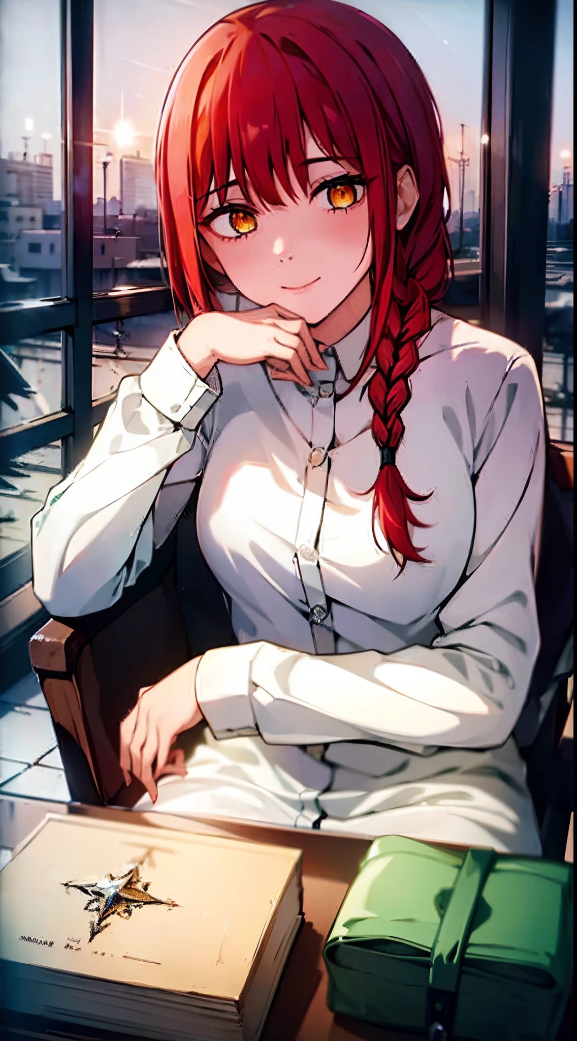 Alta qualidade, melhor qualidade, 4k, 8k, luzes, 1 girl, Makima, Vestido preto elegante, cabelo vermelho, cabelo longo, plaits, olhos amarelos, cabelo longo vermelho, ao ar livre, obra prima