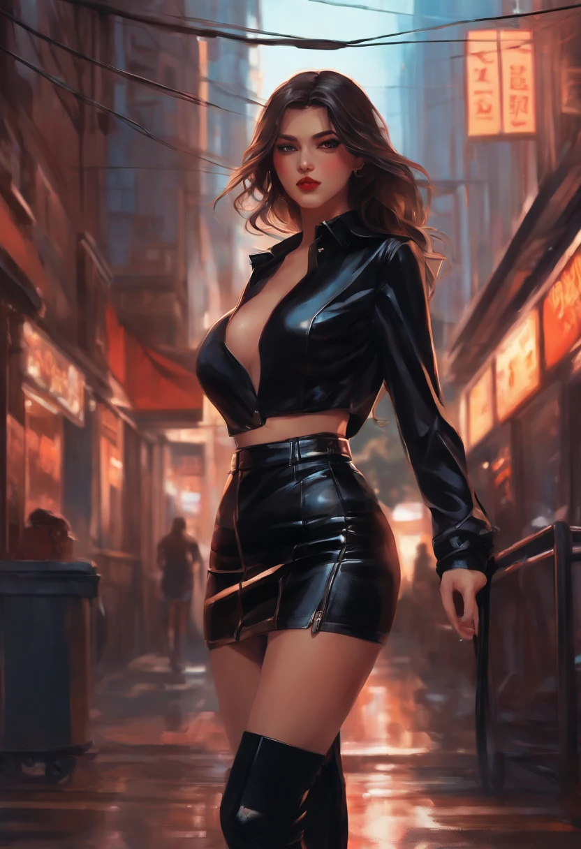 Anime girl standing on city street wearing leather skirt and black lingerie, Long-haired Ilya Kuvshinov, Guviz-style artwork, Anime art wallpaper 8 K, Guwitz at the art station Pisif, Guvitz at Pisif Art Station, cyberpunk anime art