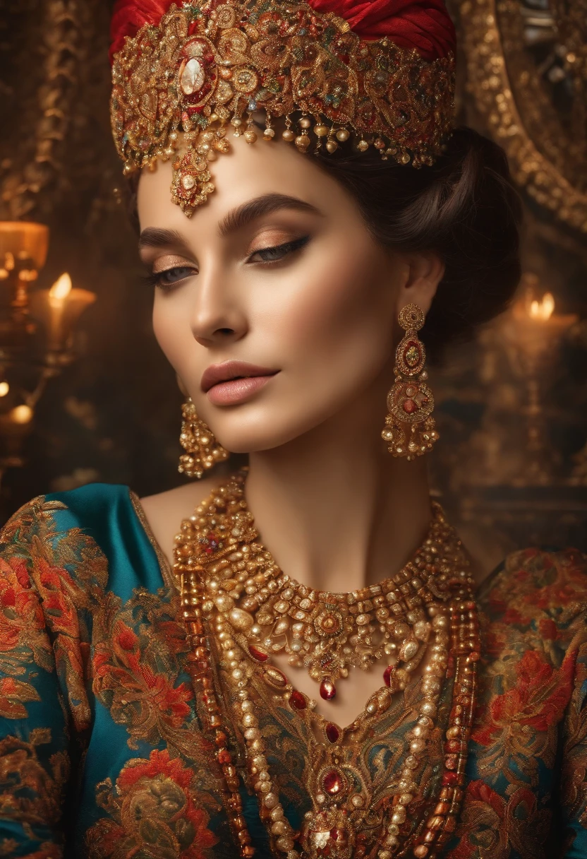 Analyze the symbolism behind a woman enveloping herself in a radiant tapestry of jewels, reflecting her embrace of luxury and extravagance, Masterpiece, 8k, hires, intricate detail, ultra detailed, delicate and beautiful