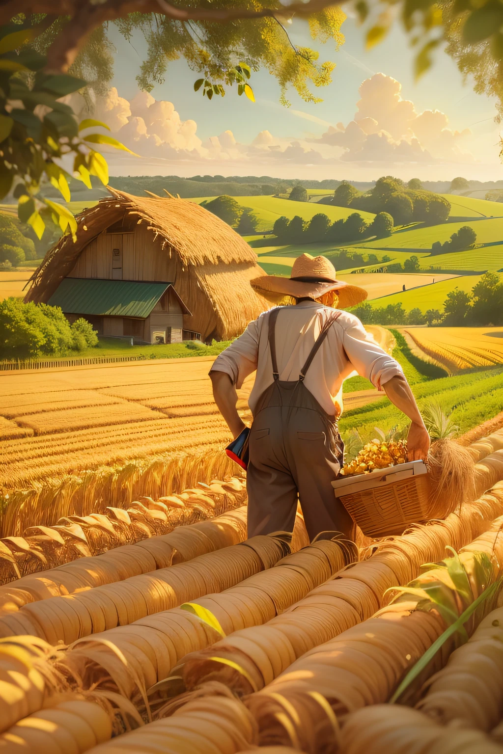 In a cornfield, an old farmer is harvesting corn,Old farmer with straw hat,The sun is shining,Large cornfields,Lively atmosphere