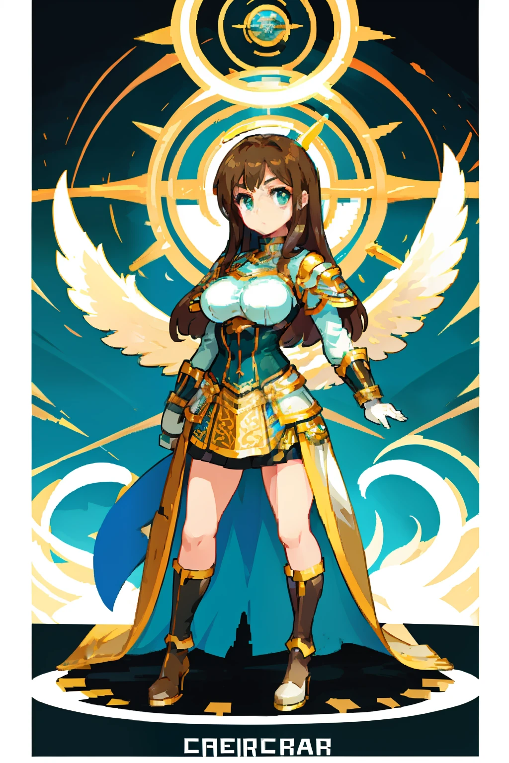 brown hair, long hair, white skirt, blue corset,breastplate, wing,halo,big breast,16 years old,full body, green eyes, pixel