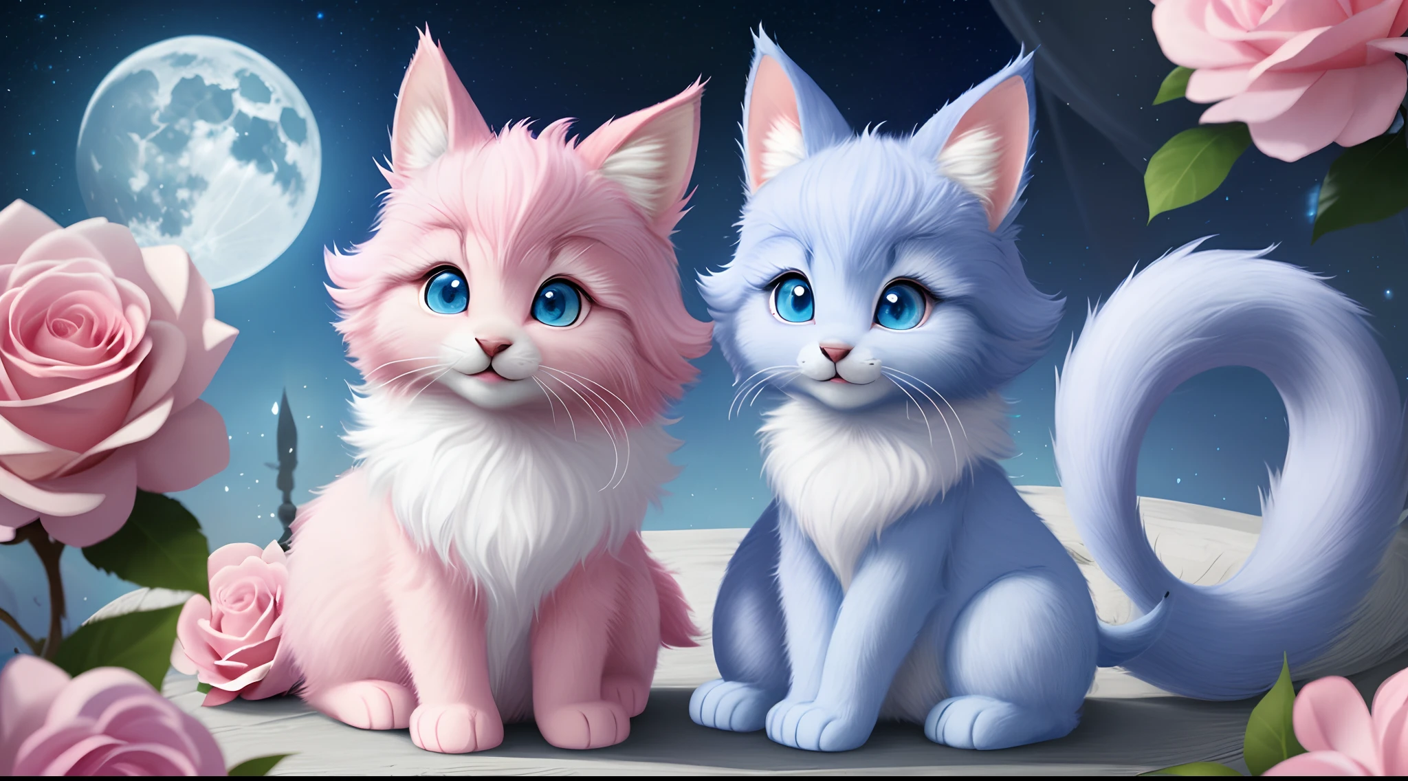 The two tails are small、The nose is small、The ears are small、Little kitten with blue eyes,pink back ground,fresh flowers,vases,dream magical,Open-mouthed,ssmile,Caroline Chariot - pastels of Dayez,tumblr,furry art,elokitty,disney's bambi cat,disney stylized furry,Ear floating,Fluffy tail,Fluffy '',Fluffy!!!,A high resolution,furry art!!!themoon,Small size
