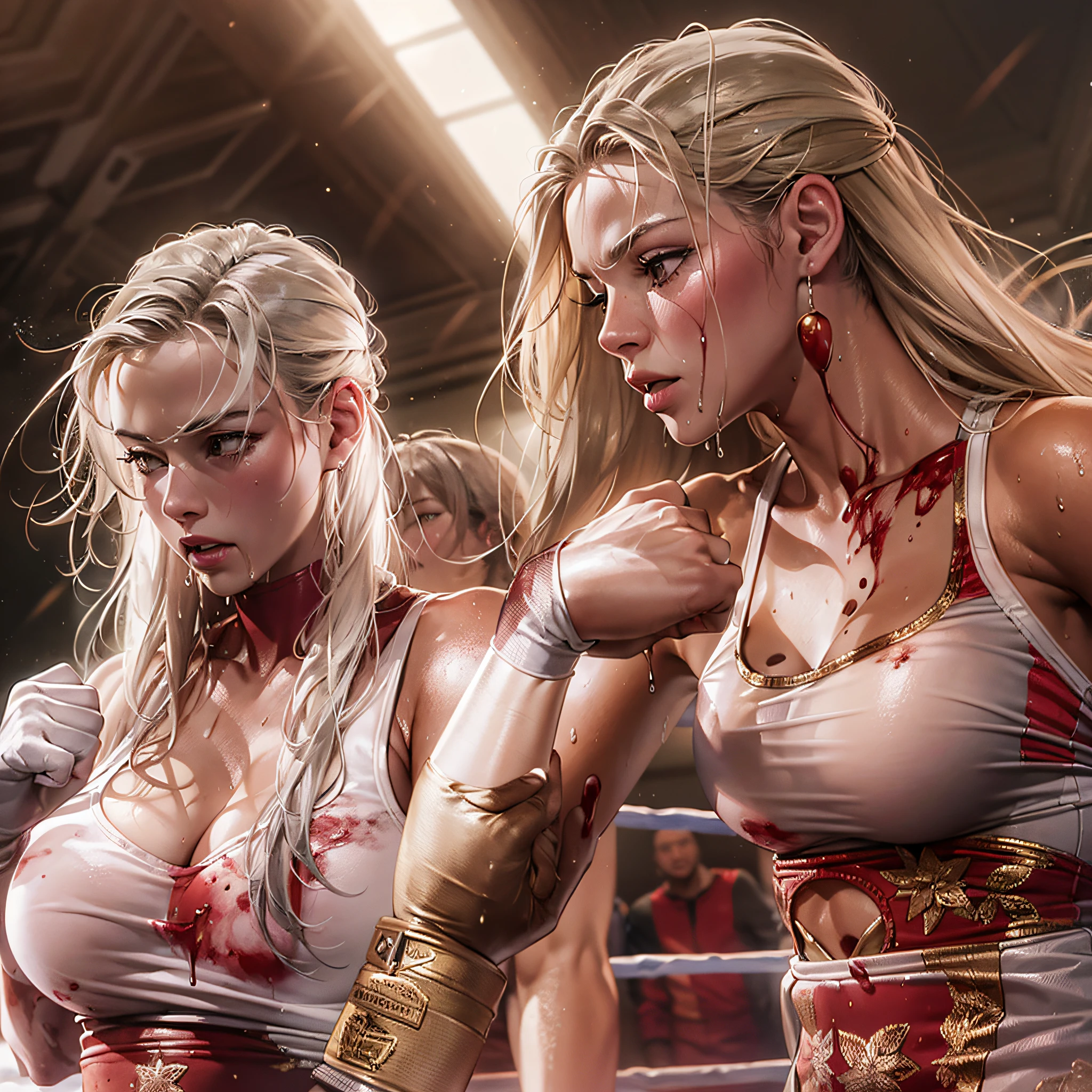 Masterpiece，high-detail，perfect-composition，face perfect，perfect bodies，the golden ratio，8K，World Boxing Championships，On the ring，2 females，Abnormal muscles，Muscular muscles，Russian blonde beauty，poneyTail，Right straight，Positive fist，Blood droplets，Blood pools，The beaten face is deformed，Low angle perspective，Photo from low angle，Wet，Gloss，