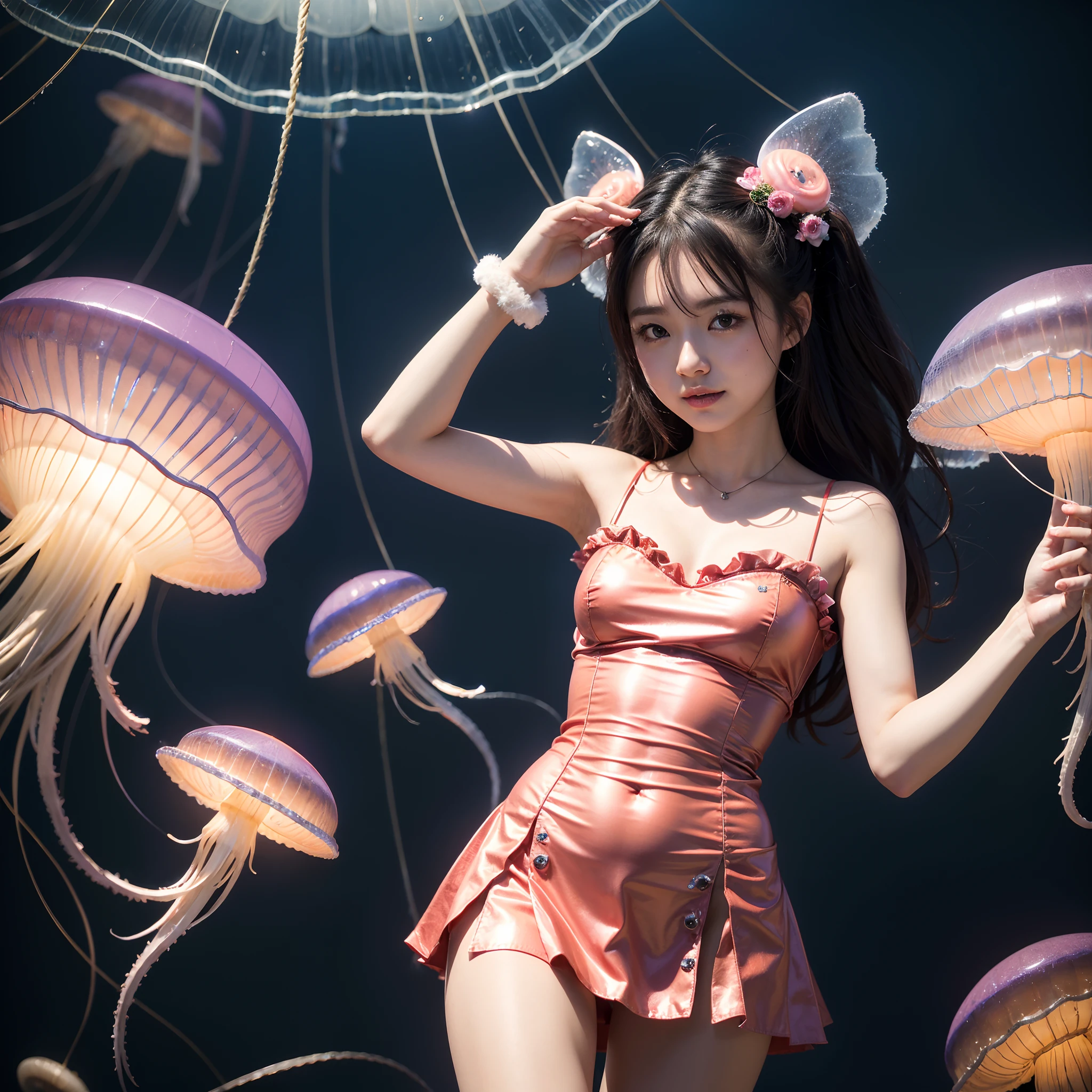 (in 8K、RAW Photos、top-quality、masterpiece:1.5)、(realisitic、Photorealsitic:1.5)、ultra-detailliert、超A high resolution、lighting like a movie、(((Idols who love jellyfish)))、(((Japan girls)))、(((Wearing a cute costume with a jellyfish motif)))、(A lot of jellyfish:1.5)、cute smile face、Happy and energetic atmosphere、dynamic ungle、动态照明