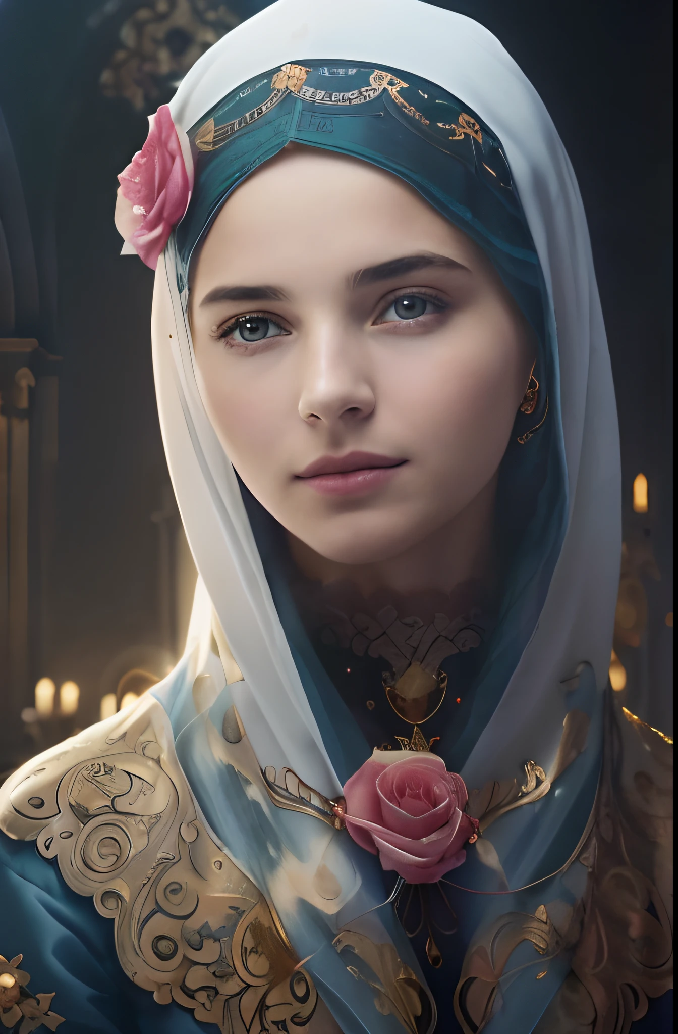(((Blessed Virgin Mary. 19 years old))) ((( Con una cara seria y piadosa. Con una mirada dulce y tierna))) (obra maestra, calidad superior, mejor calidad, arte oficial, beautiful and aesthetic: 1.2), (1girl), extremadamente detallado, (Arte fractal: 1.3), colorido, highest detailed, Cara perfecta, parte superior del cuerpo, HDR, (orando: 1.3), (golden lines of white coat: 1.2), galaxia, (rayas de luz), eye-catching visuals, (dynamic stripes, senderos luminosos: 1.2), colores vibrantes,