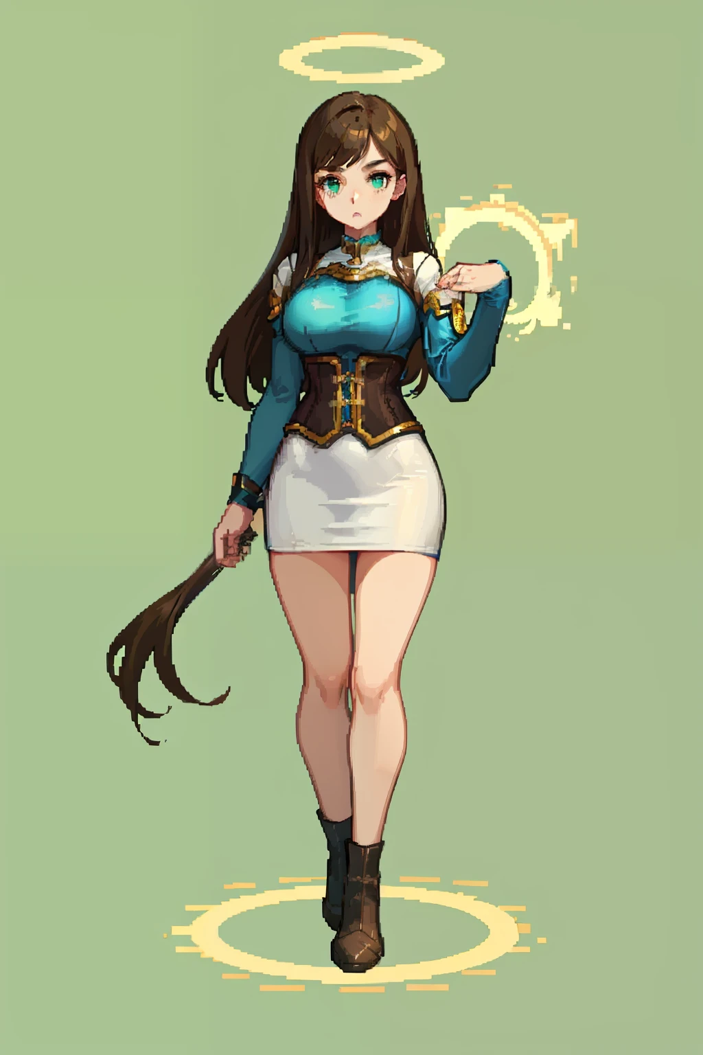 brown hair, long hair, white skirt, blue corset,breastplate, wing,halo,big breast,,full body, green eyes, pixel