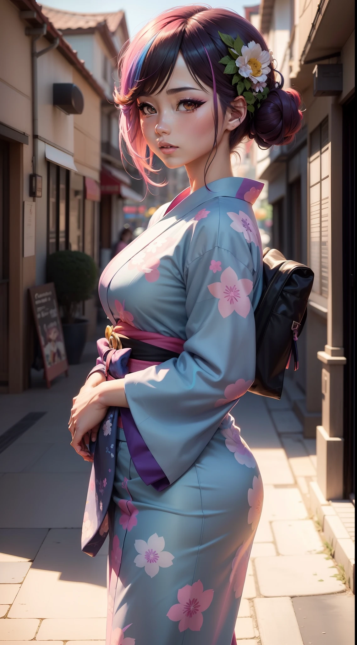 (masterpiece), (((highest quality)), (super detailed),2  girl, (iridescent hair, colorful hair, half blue and half pink hair: 1.2), ************, (sexy yukata: 1.2), outdoor, bangs, smile, sky blue eyes, perfect hands, perfect hands, hand details, corrected fingers. Earrings, Night Store + Background, looking_at_viewer, Cowboy Shot, Top Quality, Rich Detail, Perfect Image Quality, big breasts, slender body and half naked. Got fire background, independent. Mimi friends