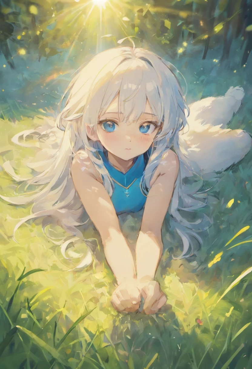 White-haired cat-eared girl、Beautiful skin、Blue eyes,Lie on the grass and look up at the stars