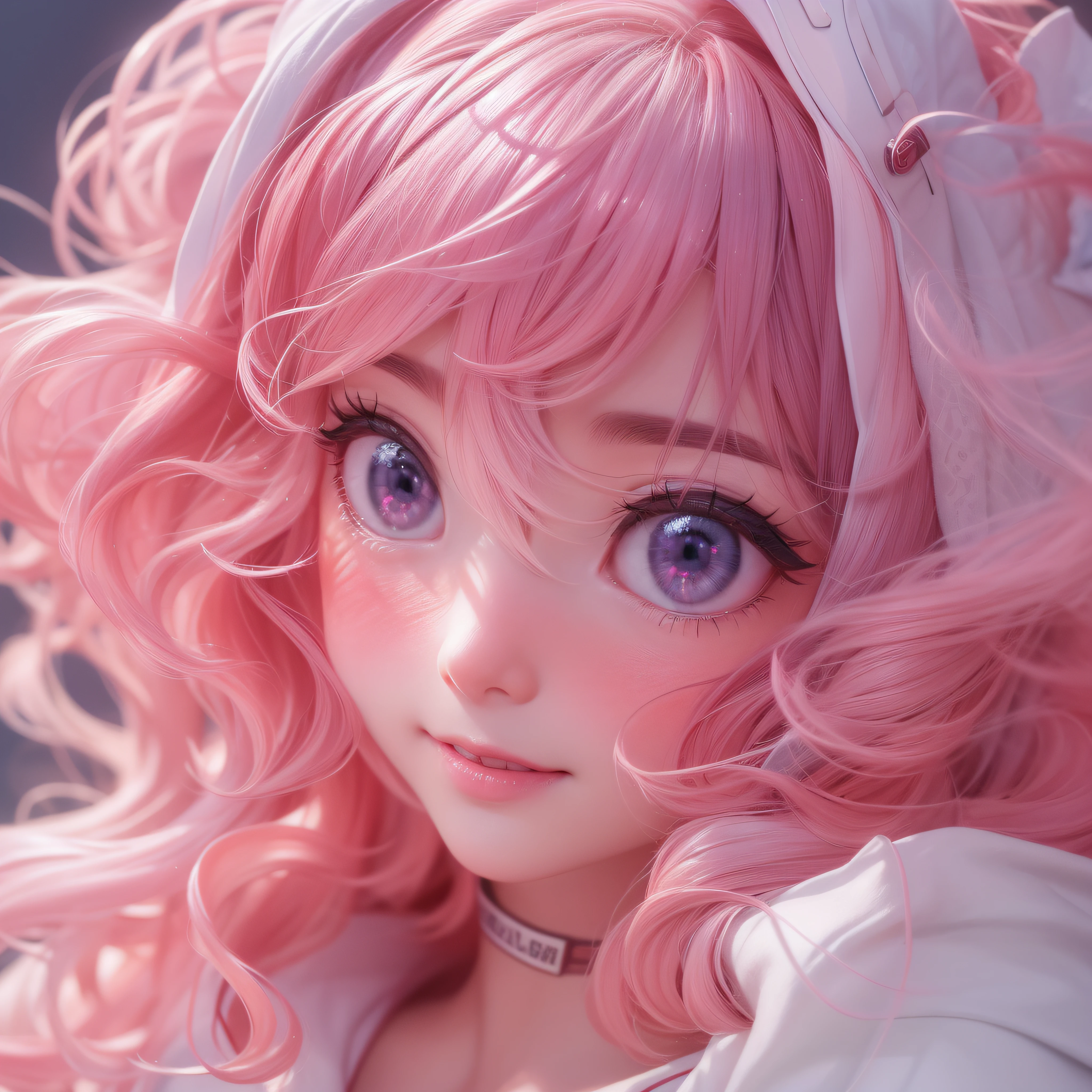 Close up of a smile with the corners of the mouth raised、Smiling Barbie doll、Nurse、Nurse Costume、Cosplay、(realisitic、hight resolution)、(1 girl in)、Nurse、Do-Up Eye、Korean Girl、(Best Quality), (masutepiece), (1girl in), Solo, a beauty girl, Perfect face, Big Breast,dreamlikeart、Highly detailed airbrush art((Surreal))、Volumetric lighting、(top-quality)、The ultra-detailliert、(The composition of the movement:1.4)、Highly detailed colorful details、(Bright lighting)、dynamic compositions、Ray traching、The mirror reflects light、Shallow depth of field、ultra-detailliert、mixing  exposure、nffsw、Her eyes are glowing pink、Staring at the pink sea。Her pink face is full of anticipation and courage for a nurse.、A smile appears on the lips of a nurse。 At the rear、The sun is slowly tilting to the west。Its light brings nurse light to the sea surface、The swaying waves create a beautiful scene。Her eyes are clearly glowing pink。Lots of pink
