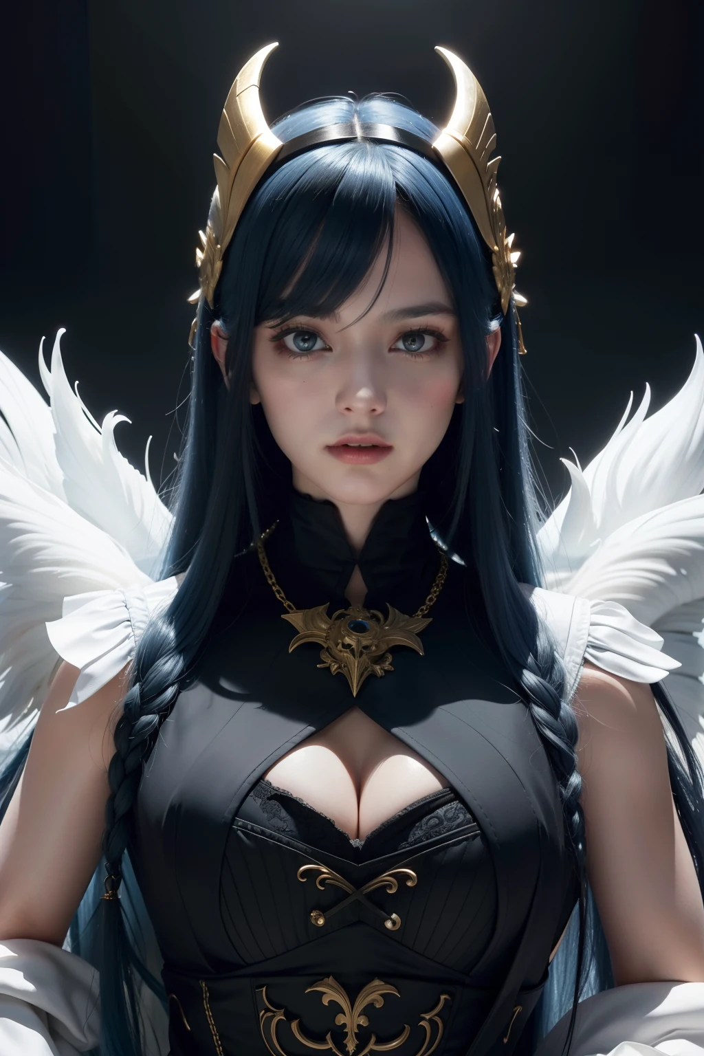 A girl with long blue hair,Wearing a white black wave style dress,With gold details and devil mask,Darkwave style,half length portrait,centre,hdr,8K,ultra-realistic realism,Beautiful soft light studio,vibrant detail,anatomically,ellegance,foco nítido,Studio photos,Trend at Artstation,ultra - detailed,polarizing filter