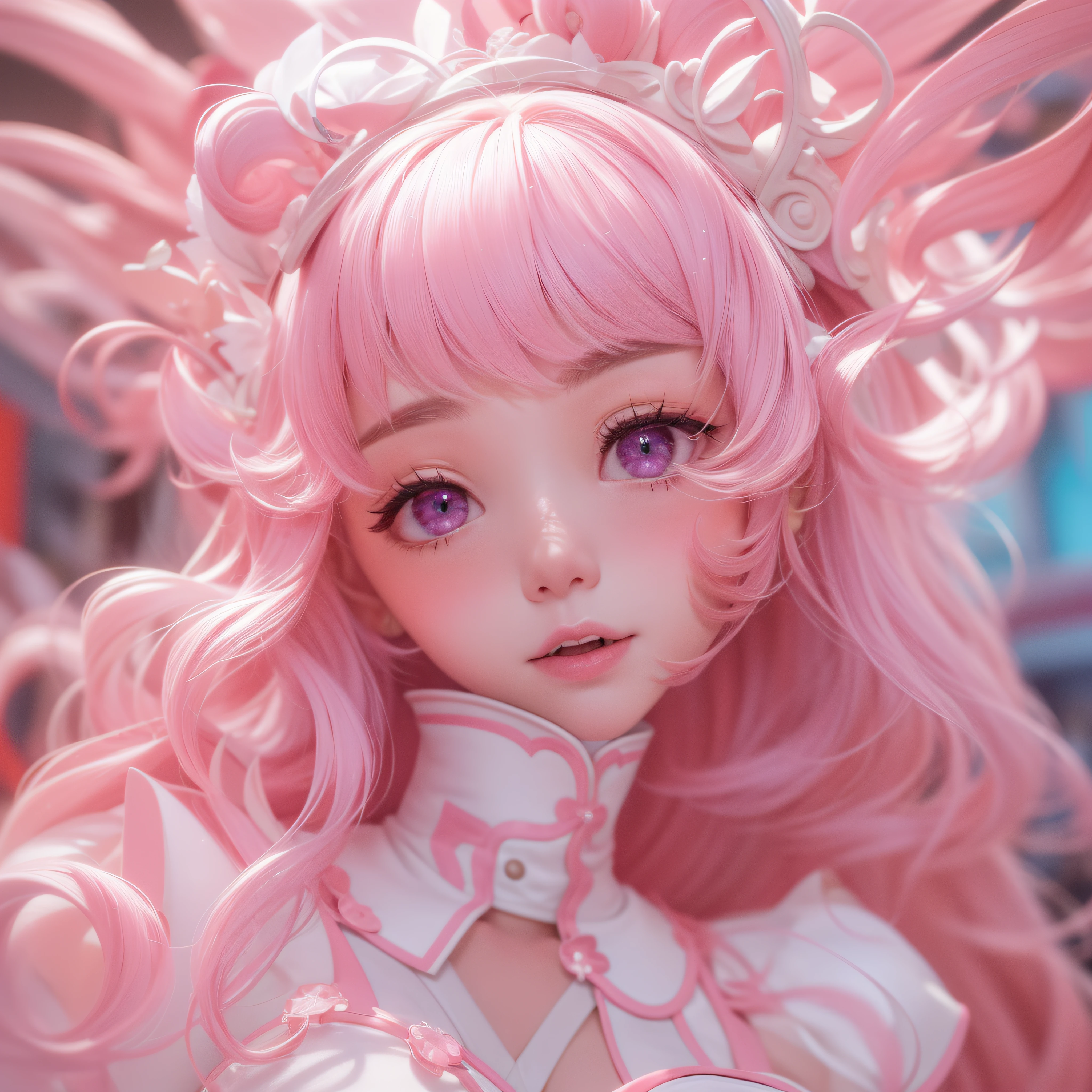 Close up of a smile with the corners of the mouth raised、Smiling Barbie doll、Nurse、Nurse Costume、Cosplay、(realisitic、hight resolution)、(1 girl in)、Nurse、Do-Up Eye、Korean Girl、(Best Quality), (masutepiece), (1girl in), Solo, a beauty girl, Perfect face, Big Breast,dreamlikeart、Highly detailed airbrush art((Surreal))、Volumetric lighting、(top-quality)、The ultra-detailliert、(The composition of the movement:1.4)、Highly detailed colorful details、(Bright lighting)、dynamic compositions、Ray traching、The mirror reflects light、Shallow depth of field、ultra-detailliert、mixing  exposure、nffsw、Her eyes are glowing pink、Staring at the pink sea。Her pink face is full of anticipation and courage for a nurse.、A smile appears on the lips of a nurse。 At the rear、The sun is slowly tilting to the west。Its light brings nurse light to the sea surface、The swaying waves create a beautiful scene。Her eyes are clearly glowing pink。Lots of pink