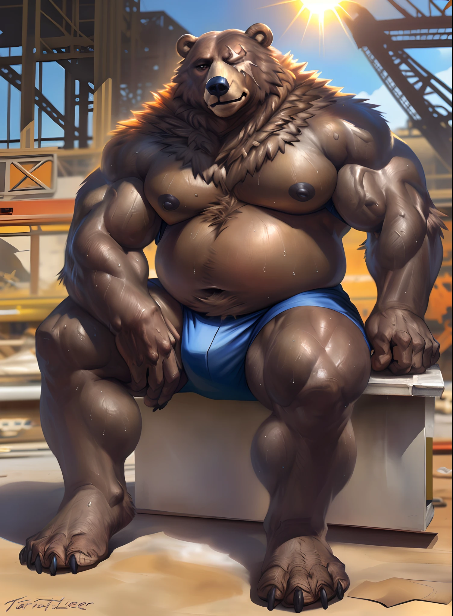 ben (zenless zone zero), (by taran fiddler), (by darkgem:0.8), (by chunie:0.8), masterpiece, (((detailed fluffy fur))), looking at viewer, scar, seductive, ((bedroom eyes)), bear, brown fur, fur, male, (manly:1.3), full body view, musclegut, ((construction site background, sunshine, sun rays)), sitting on concrete, ((sweating, sweaty, sweat)),((big nipple)),((thick thighs)),((vein)),((Bulging crotch))