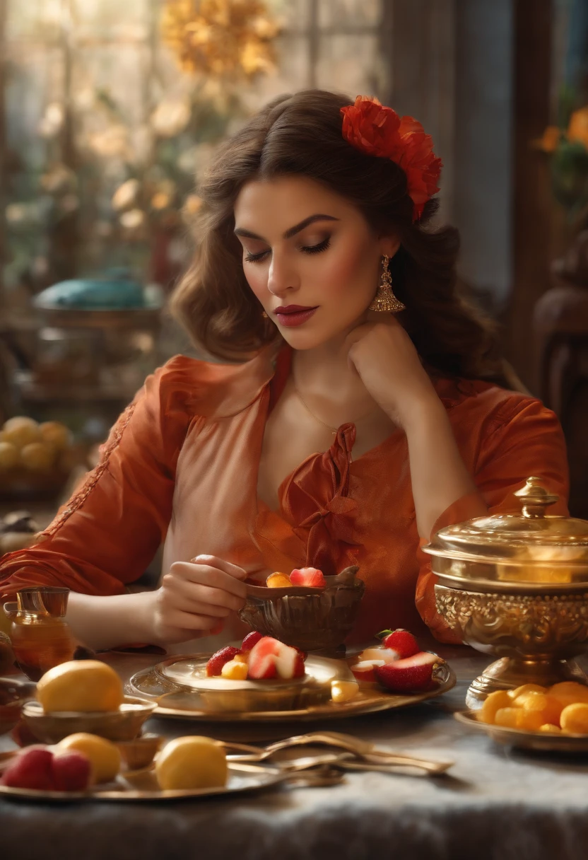 1girl, solamente, sentada, mesa, cuchara, pudding,, Obra maestra, La mejor calidad,