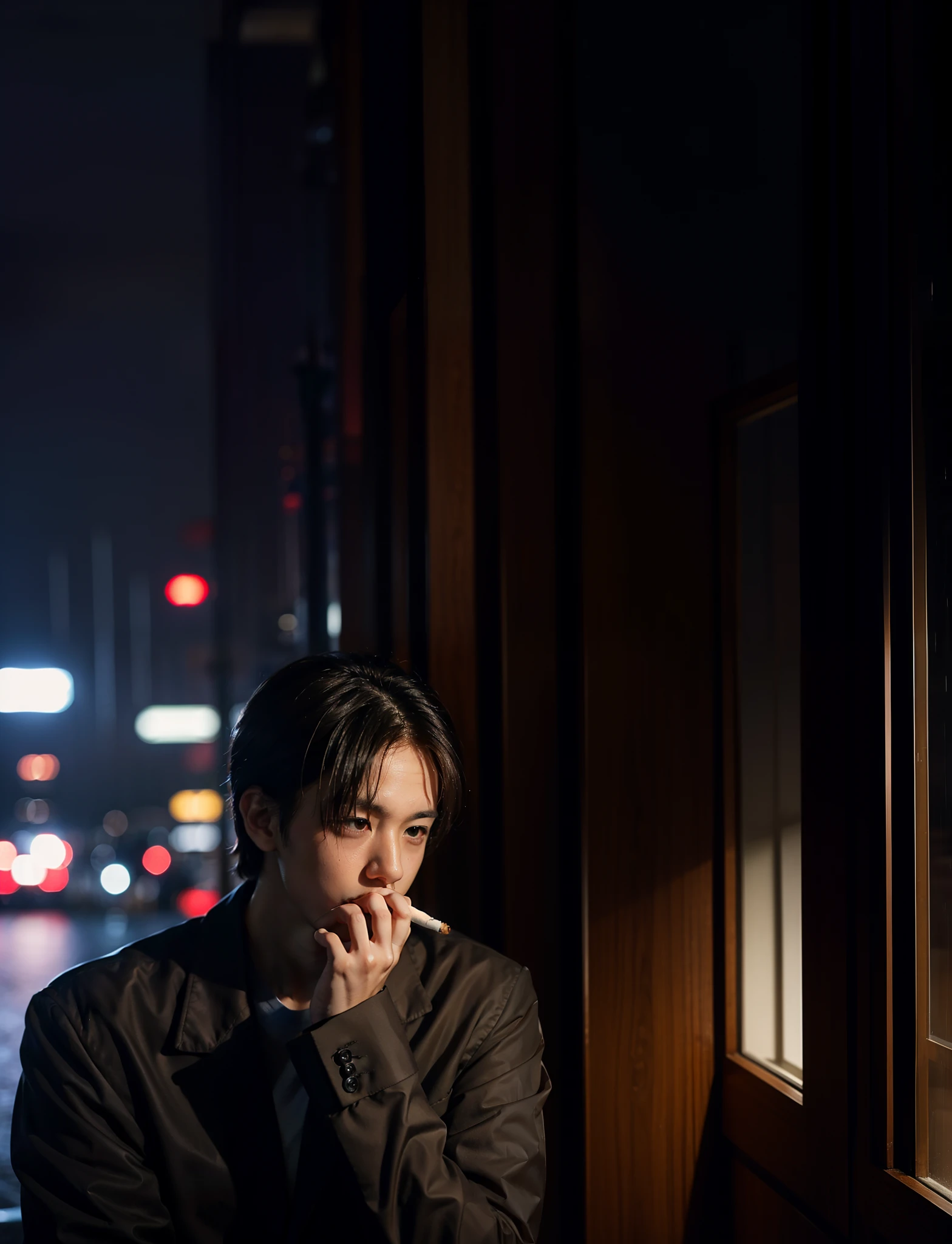 Handsome boy smoking background lonely at night in heavy rain