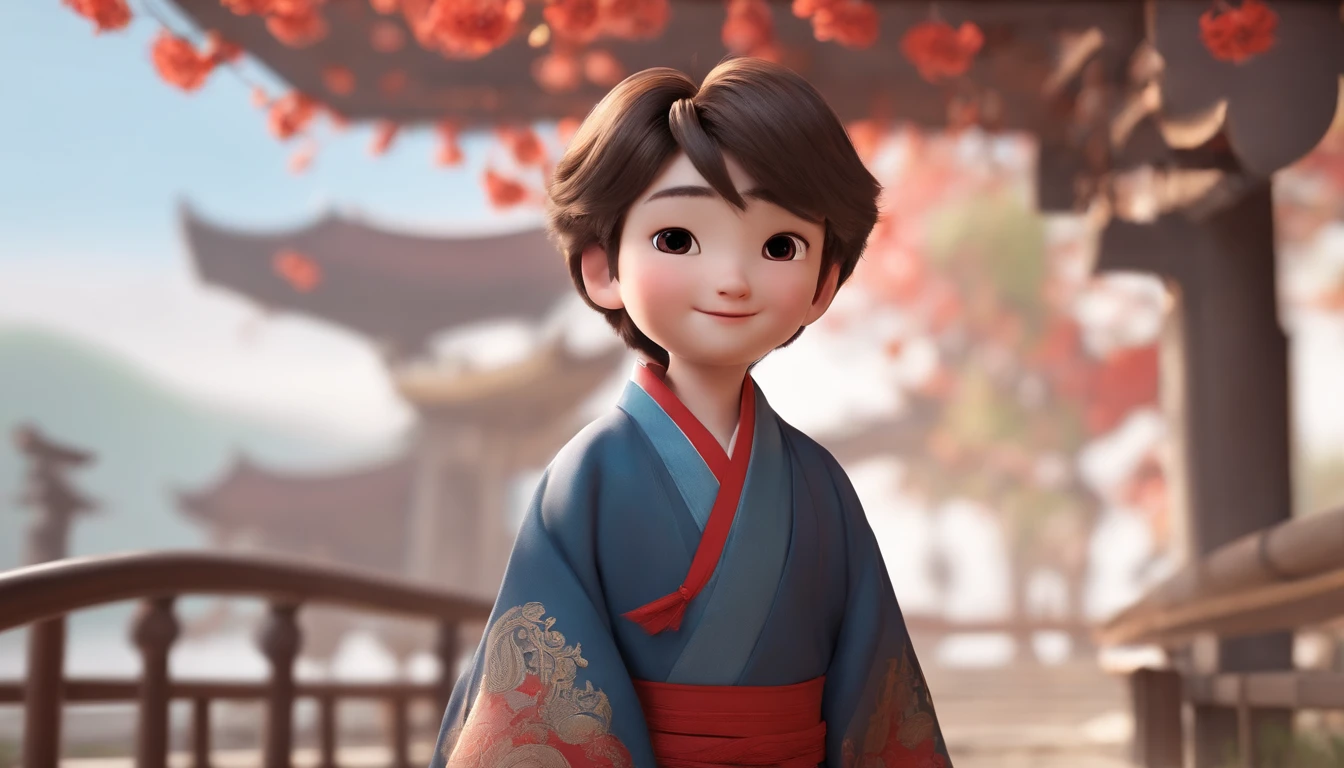 A happy and cute boy stood，short detailed hair, wearing a hanfu, , white backgrounid, Gamine, Toon, pixar-style, 。.3D, cartoony, Detal Face, Asymmetric 16K