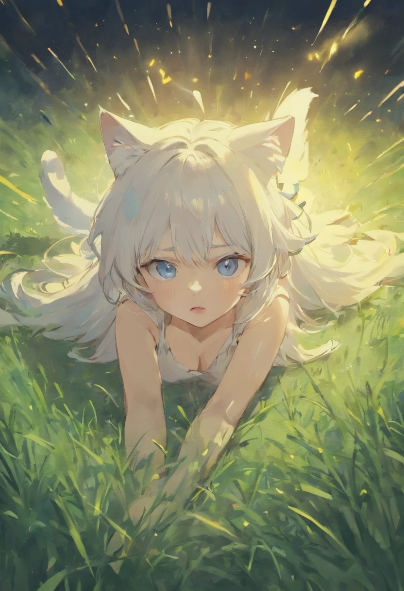 White-haired cat-eared girl,Beautiful skin,Blue eyes,lying on the grass ground,the night,looking at the stars,cinmatic lighting