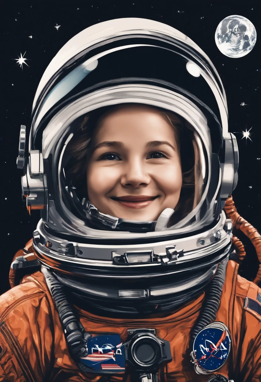 Astronauts are in space，The face was full of smiles。The picture is softly lit，The background is the night sky of the Moon。Printing style，Film feel，Long-range shooting