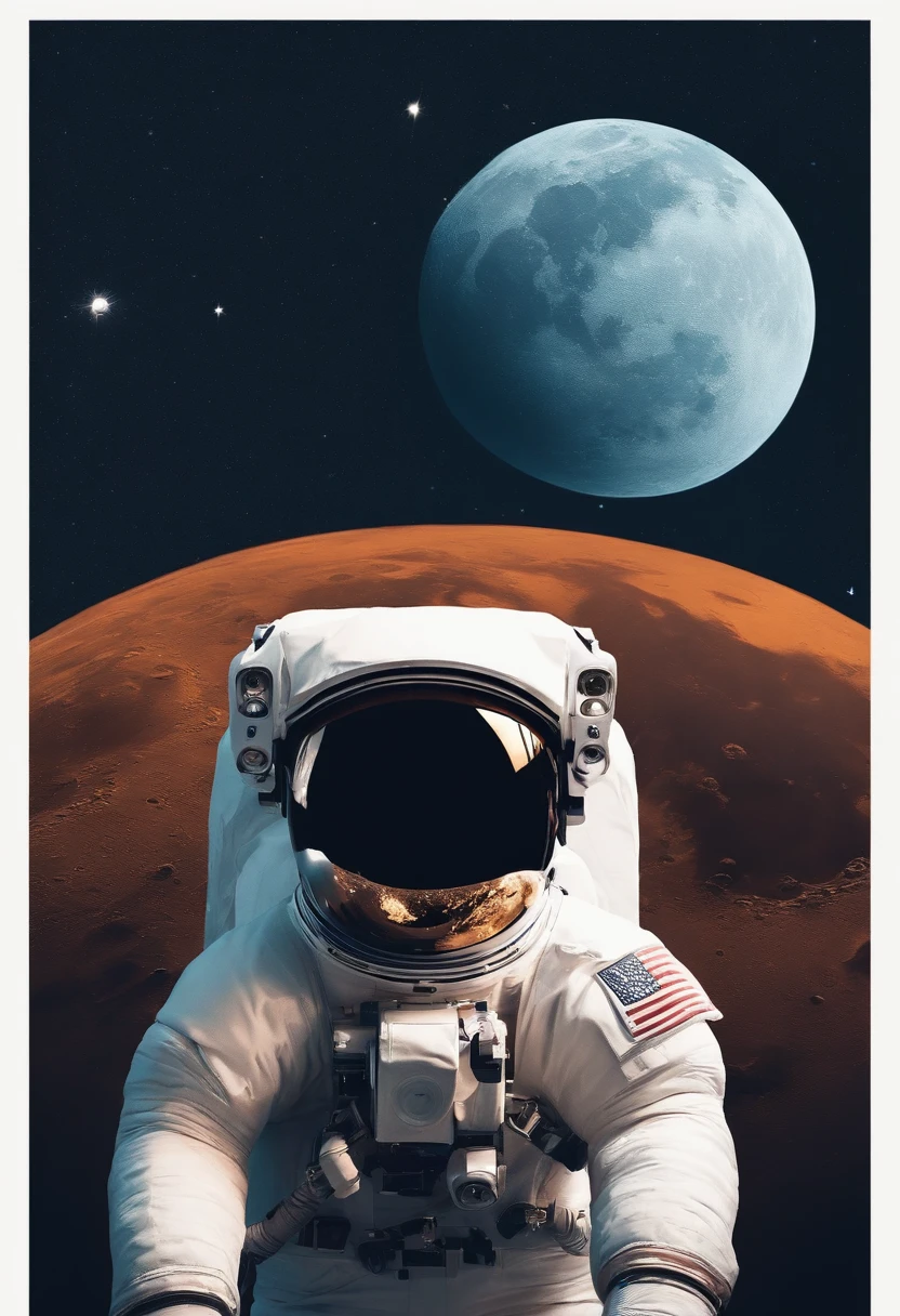 Astronauts are in space,The face was full of smiles。The picture is softly lit,The background is the night sky of the Moon。Printing style,Film feel,Long-range shooting