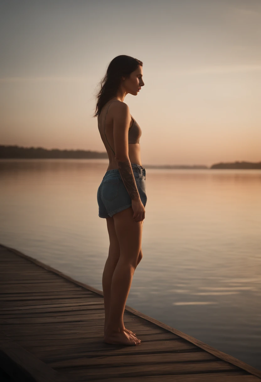 Against the backdrop of a serene lakeside, a girl with a dragon tattoo on her belly stands on a pier. The tattoo seems to ripple like water, the dragon's form echoing the natural surroundings. The soft, early morning light paints the scene in delicate pastels, evoking a sense of tranquility. The girl's gaze is contemplative, her connection with the tattoo's symbolism evident. Photographed by Brooke Shaden using a Nikon D850 with a 85mm f/1.8 lens, the lighting is a blend of soft morning light and diffused studio lighting, creating a dreamy and ethereal ambiance. The overall effect is a poetic synthesis of the girl's introspection and the tattoo's fluid beauty