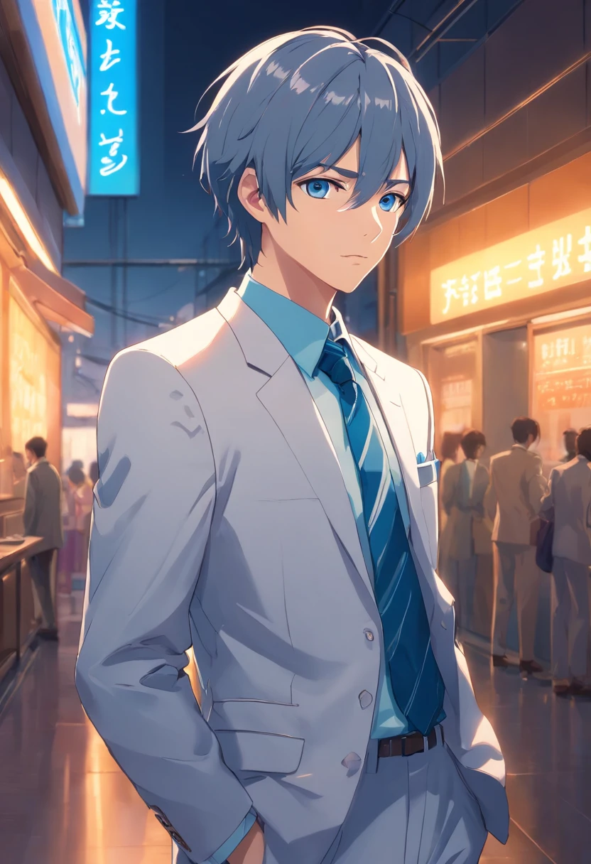 (best quality, realistic), strong and robust man in his mid-twenties with gray hair and blue eyes, wearing a white suit. He has a mature and confident look on his face while holding a gun in his hand. The man is standing in a dimly lit room with a sense of anticipation. The details of his face, hair, and suit are extremely detailed, showcasing the high resolution of the image. The lighting in the room is dramatic, with shadows enhancing the mysterious atmosphere. The overall color tone of the image is cool, with a touch of blue, creating a sense of intrigue.
