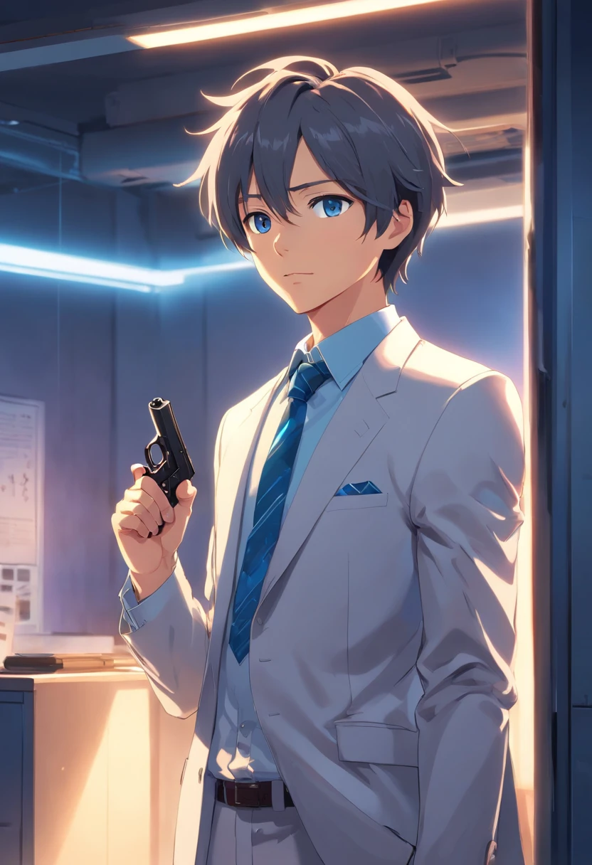 (best quality, realistic), strong and robust man in his mid-twenties with gray hair and blue eyes, wearing a white suit. He has a mature and confident look on his face while holding a gun in his hand. The man is standing in a dimly lit room with a sense of anticipation. The details of his face, hair, and suit are extremely detailed, showcasing the high resolution of the image. The lighting in the room is dramatic, with shadows enhancing the mysterious atmosphere. The overall color tone of the image is cool, with a touch of blue, creating a sense of intrigue.