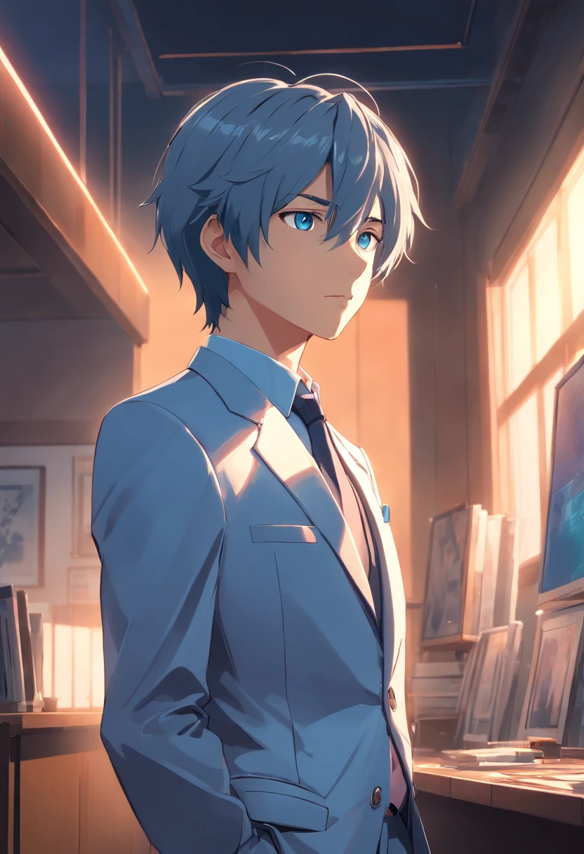 (best quality, realistic), strong and robust man in his mid-twenties with gray hair and blue eyes, wearing a white suit. He has a mature and confident look on his face while holding a gun in his hand. The man is standing in a dimly lit room with a sense of anticipation. The details of his face, hair, and suit are extremely detailed, showcasing the high resolution of the image. The lighting in the room is dramatic, with shadows enhancing the mysterious atmosphere. The overall color tone of the image is cool, with a touch of blue, creating a sense of intrigue.