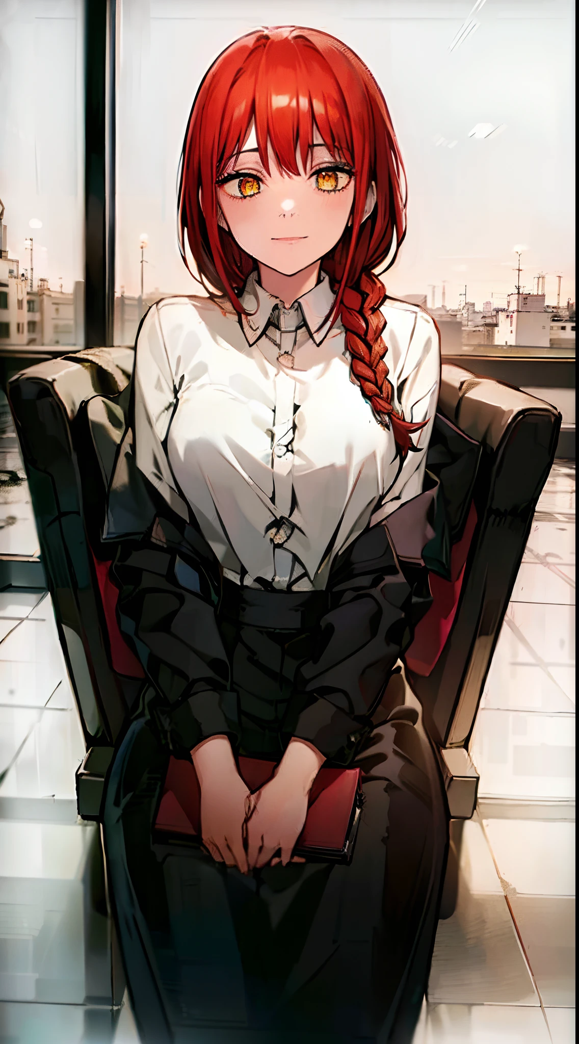 Alta qualidade, melhor qualidade, 4k, 8k, luzes, 1 girl, Makima, Vestido preto elegante, cabelo vermelho, cabelo longo, plaits, olhos amarelos, cabelo longo vermelho, ao ar livre, obra prima