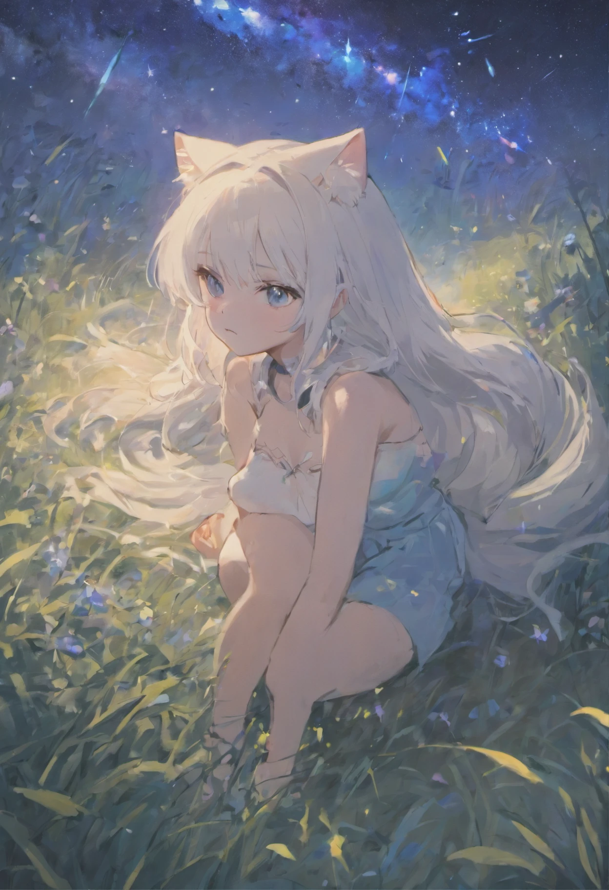 White-haired cat-eared girl、Beautiful skin、Blue eyes，Lie on the grass and look up at the stars