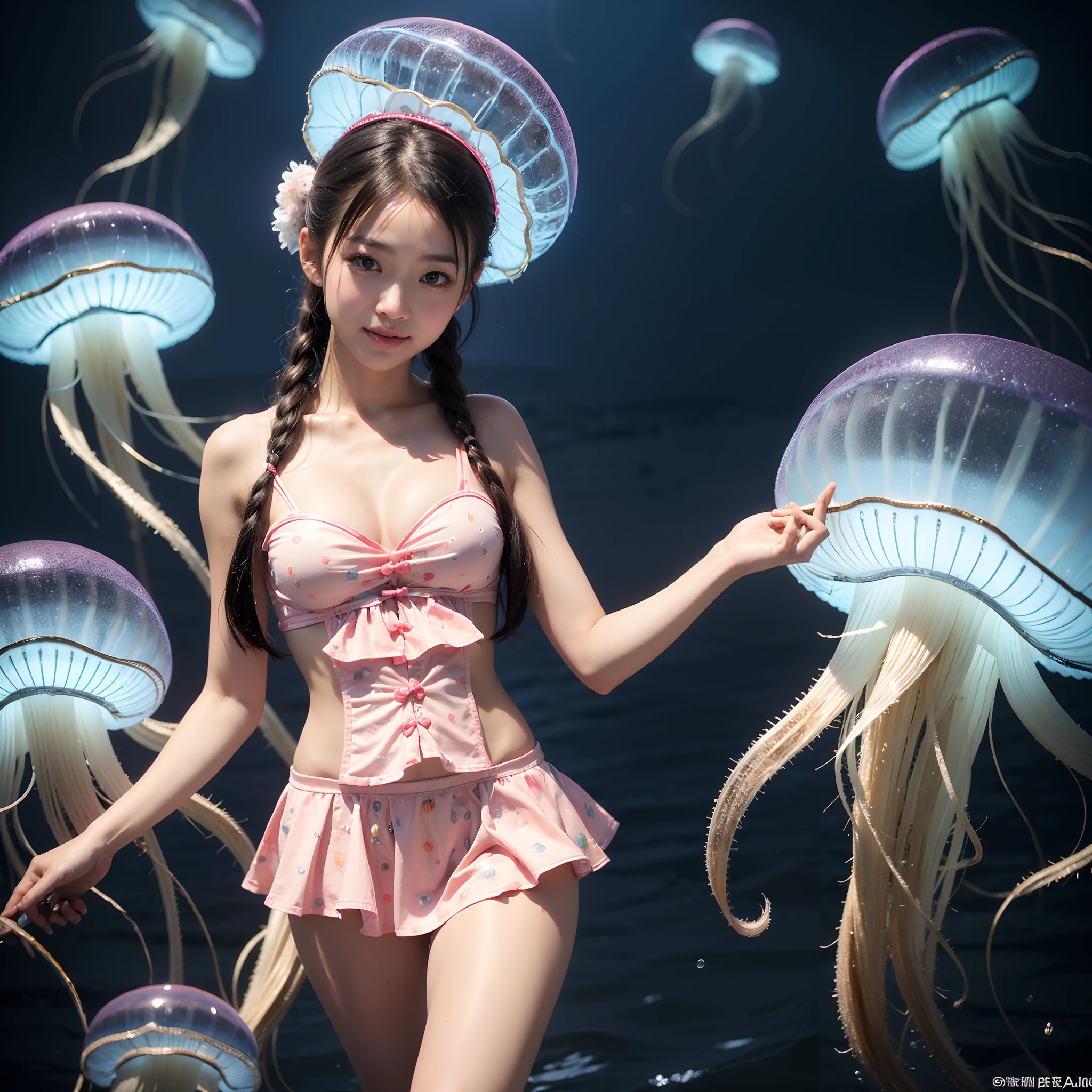 red octopus、beautiful girl、mermaid、cute、Light blue hair