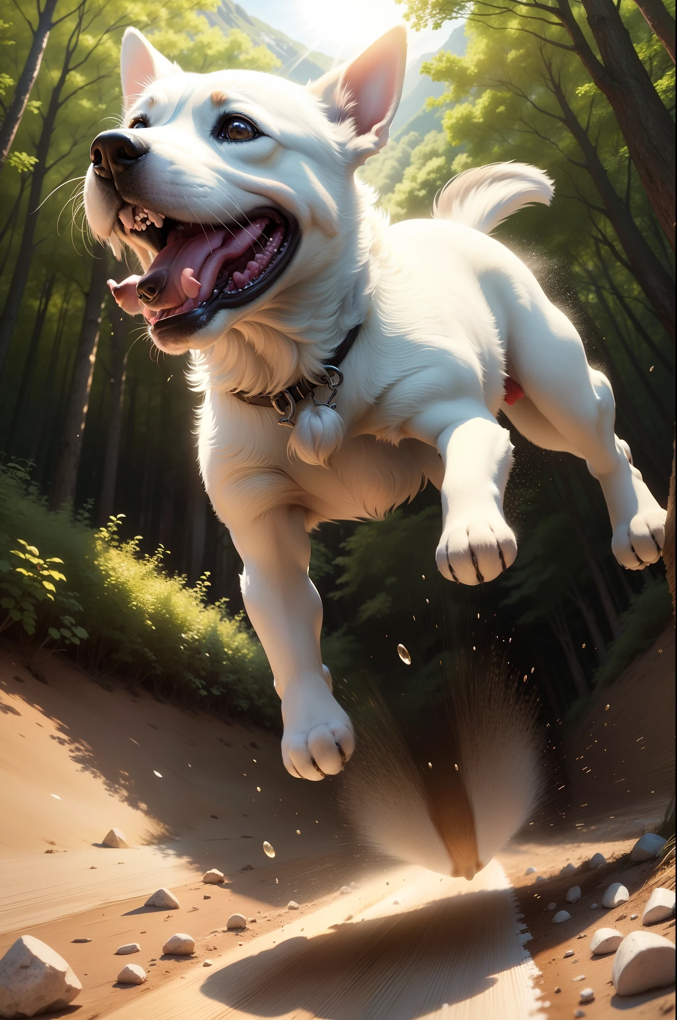 Close up portrait of dog running in forest with sun shining, happy dog, ( Dog ) jumps from mountain, ( Dog ) jumps over hill, Cute dog, high-quality wallpaper, jumping towards viewer, dog jumps over hill, leaping towards viewer, imagem hiperrealista, high-quality wallpaper, Very detailed photos of Happy, Jump for joy, White Jack Russell Terrier