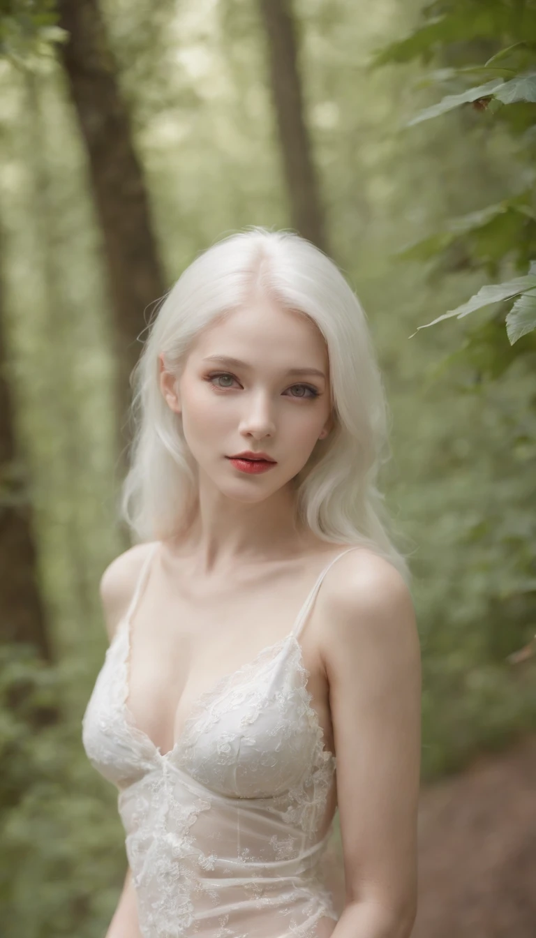 Albino female, 18 years old, handsome face, fine white skin, pearl white hair, pearl white eyebrows, long pearl white eyelashes, bright red eyes, cherry red cheeks, cherry red lips, slender neck, long slender limbs. , slender body, oversized breasts, cherry-colored nipples, large cherry-colored areolas, large round buttocks, extremely slender waist, firm belly, pearl white pubic hair, thick cherry-colored labia minora, not wearing anything, naked, Glamorous, erotic, natural light, standing on a path in the forest, morning, deep fog, super sharp focus, realistic shot, super high resolution,