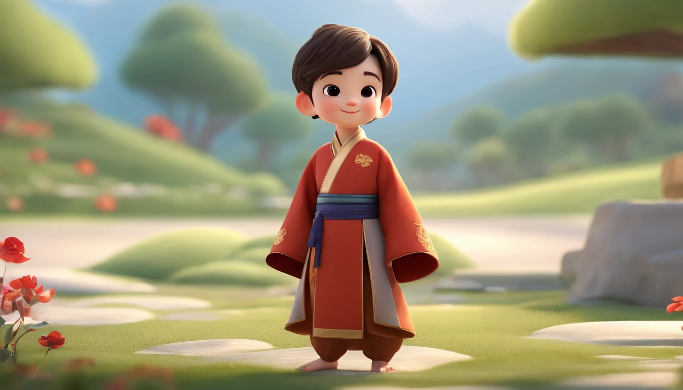 A happy and cute boy stood,short detailed hair, wearing a hanfu, , Full body image display,white backgrounid, Gamine, Toon, pixar-style, 。.3D, cartoony, Detal Face, Asymmetric 16K