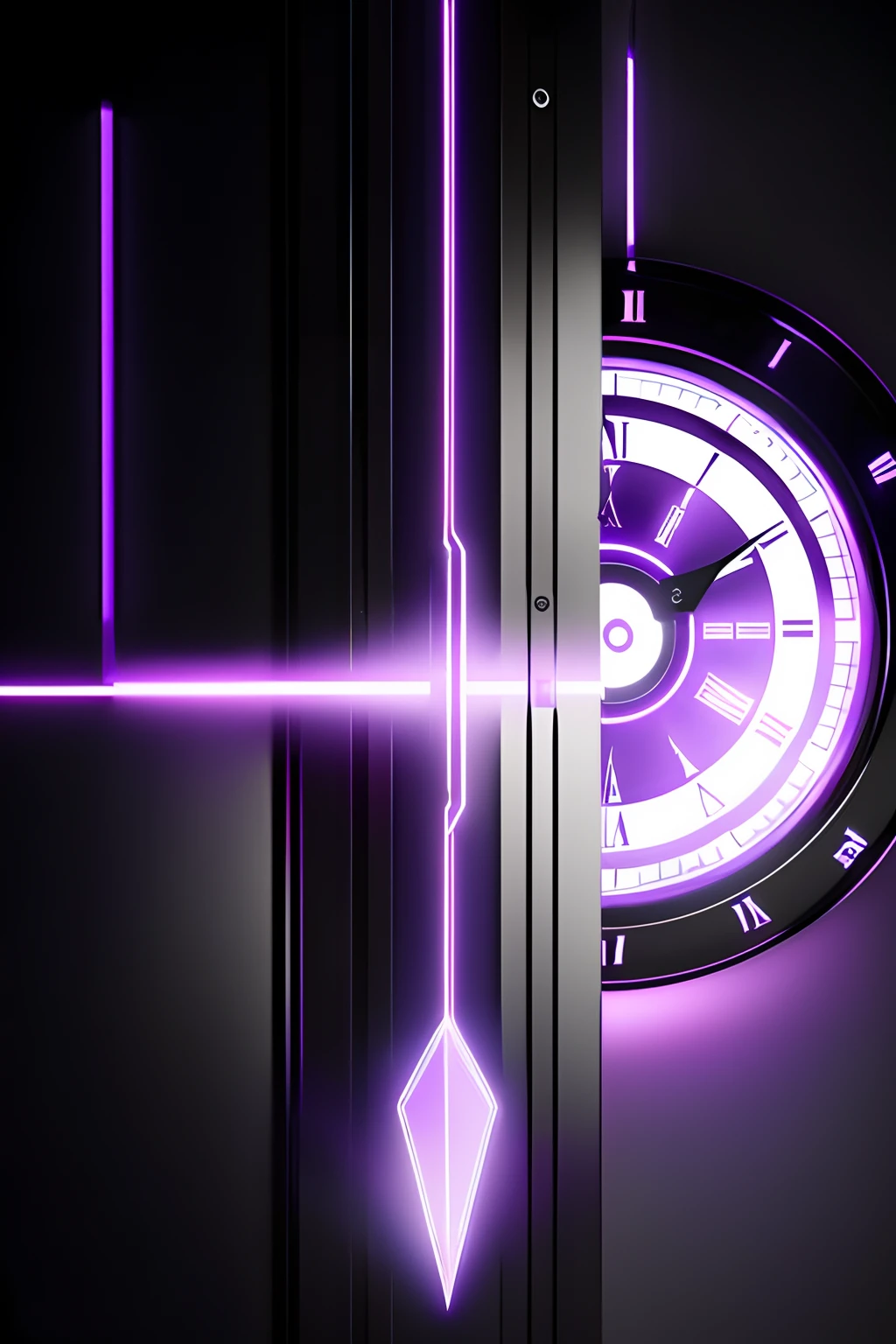 A purple glow shines through the clock,With purple arrow, The pointer points to one point forty-one,The time is 1:41 minutes,The pointer is 1.41 points。mechanical features and neon, futuristic hi-tech details, eye-catching detailed art style。The body of the image is the clock。The surface of the clock is ornamented。