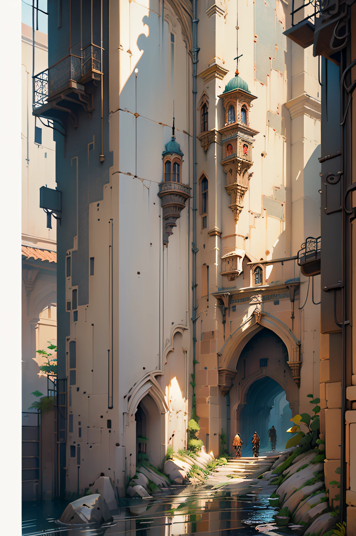 ((masterpiece)),((best quality)),((high detial)),((realistic,)) Industrial age city, deep canyons in the middle, architectural streets, bazaars, Bridges, rainy days, steampunk, European architecture