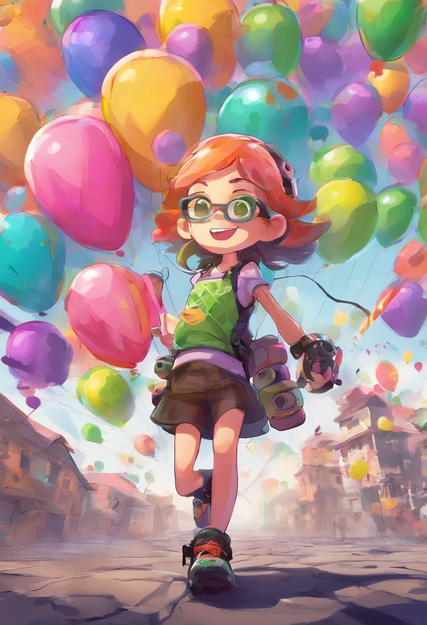 Girl holding crackers on the background of balloons in Splatoon wind