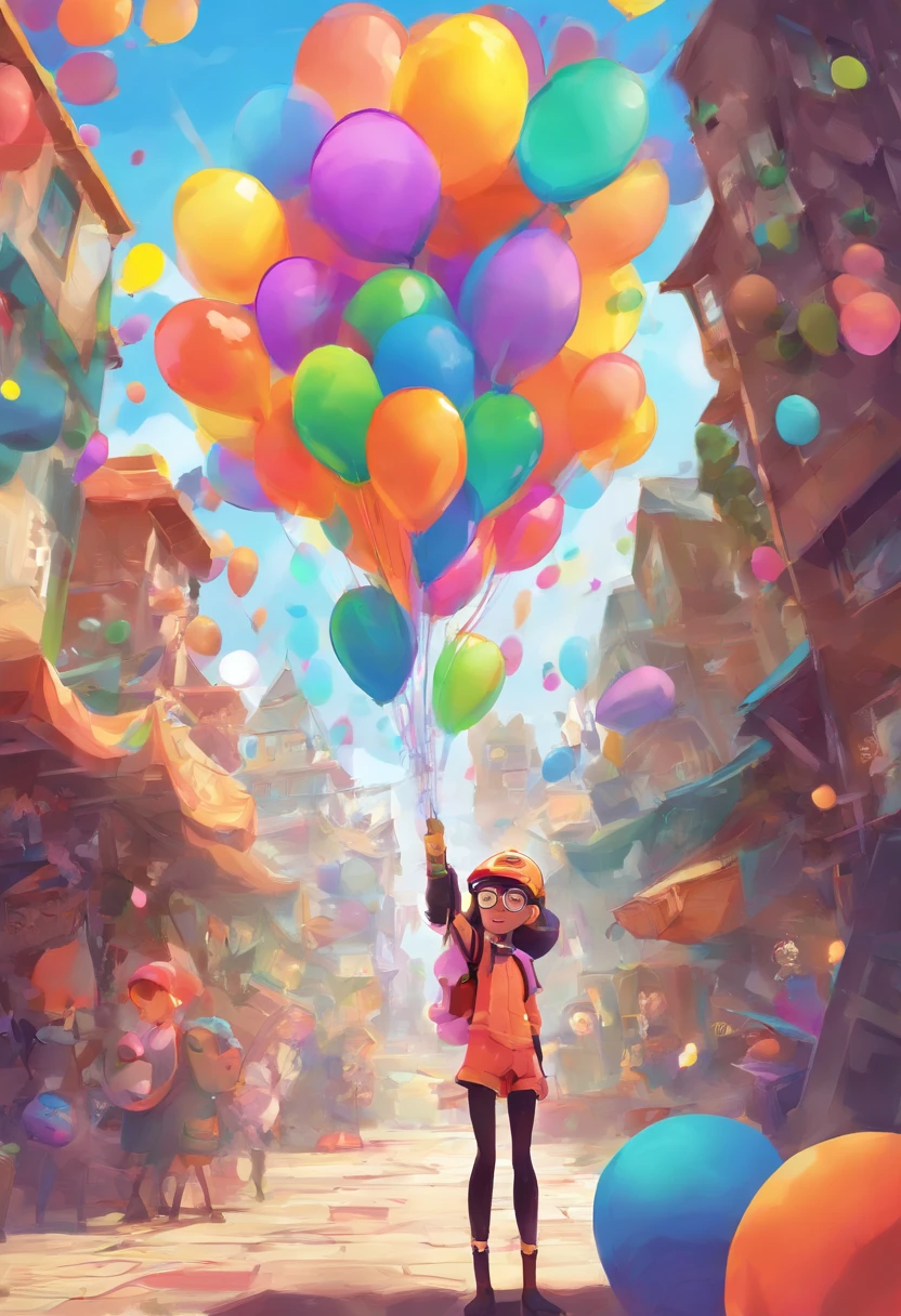 Girl holding crackers on the background of balloons in Splatoon wind