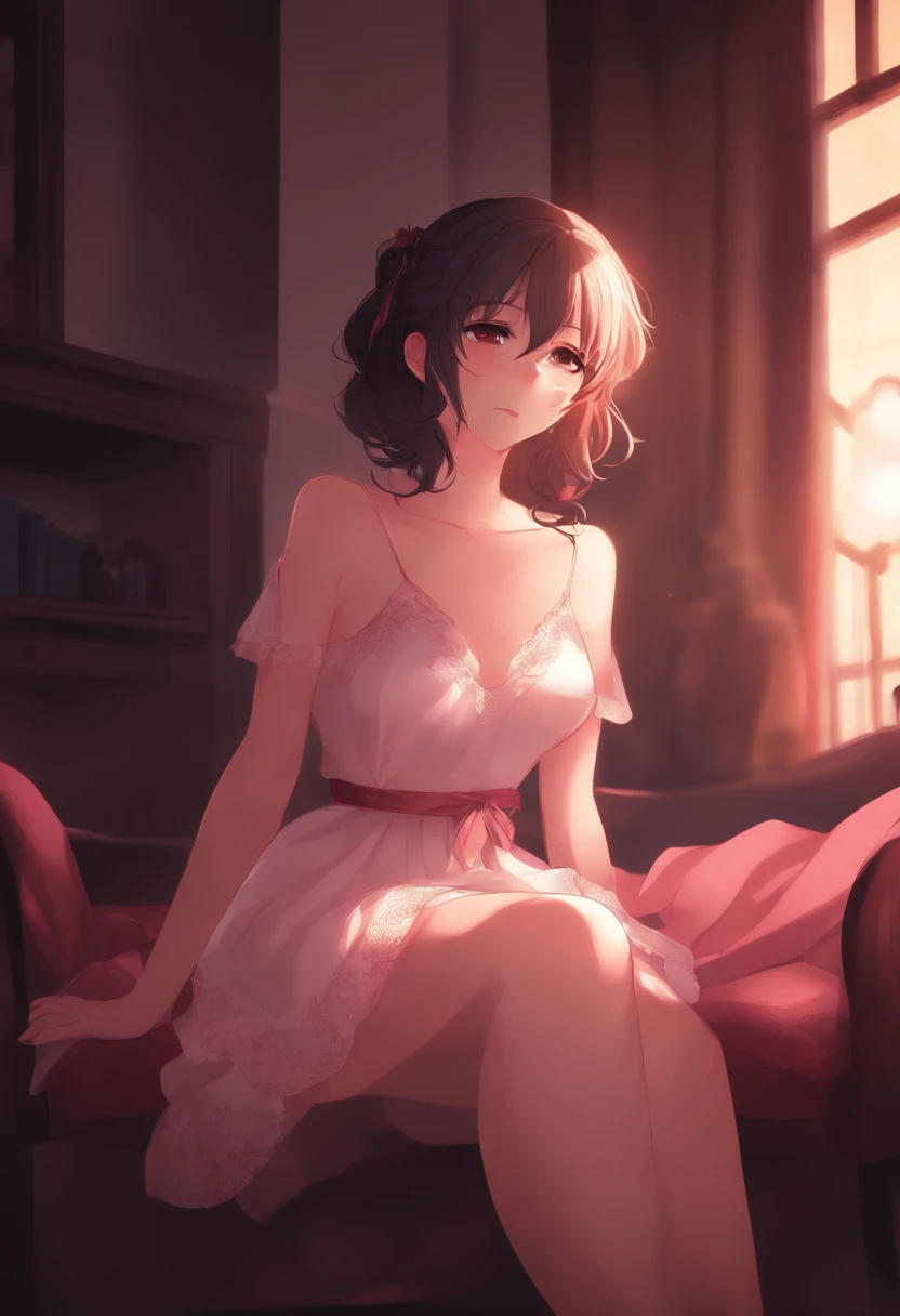 Anime,low angle view, yandere,blushing, love, hot dress, dark night light,room, sit