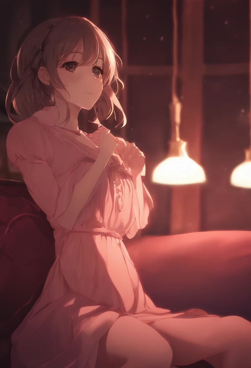 Anime,low angle view, yandere,blushing, love, hot dress, dark night light,room, sit