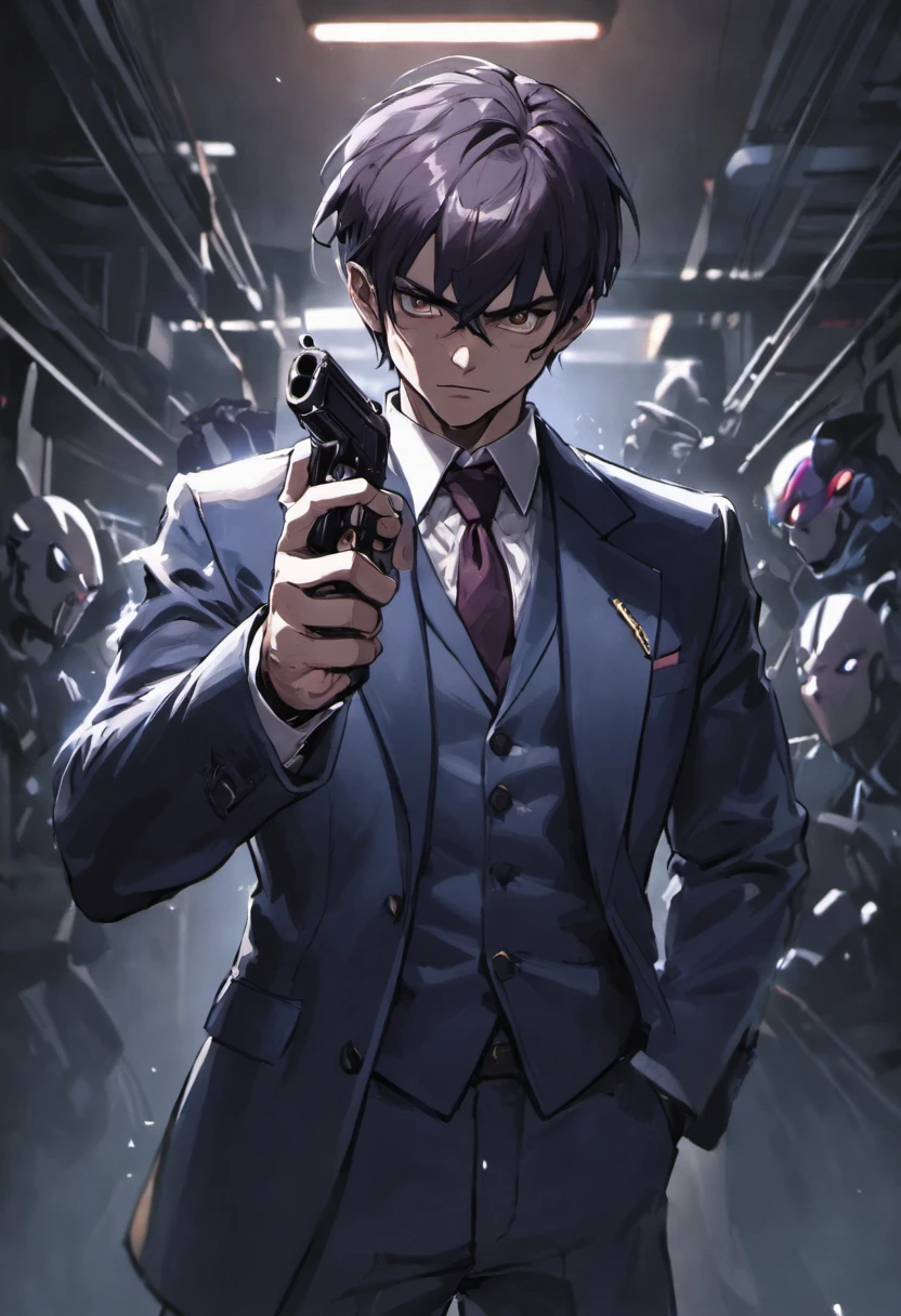 (best quality, Realistic), homem forte e robusto de vinte e poucos anos, cabelos grisalhos e olhos azuis, vestindo um terno branco. He has a mature, confident look on his face as he holds a gun in his hand. The man is in a dimly lit room with a sense of anticipation. Os detalhes de seu rosto, Hair, and suit are extremely detailed, showing the high resolution of the image. The lighting in the room is dramatic, with shadows enhancing the mysterious atmosphere. The overall color tone of the image is cool, com um toque de azul, creating a sense of intrigue.