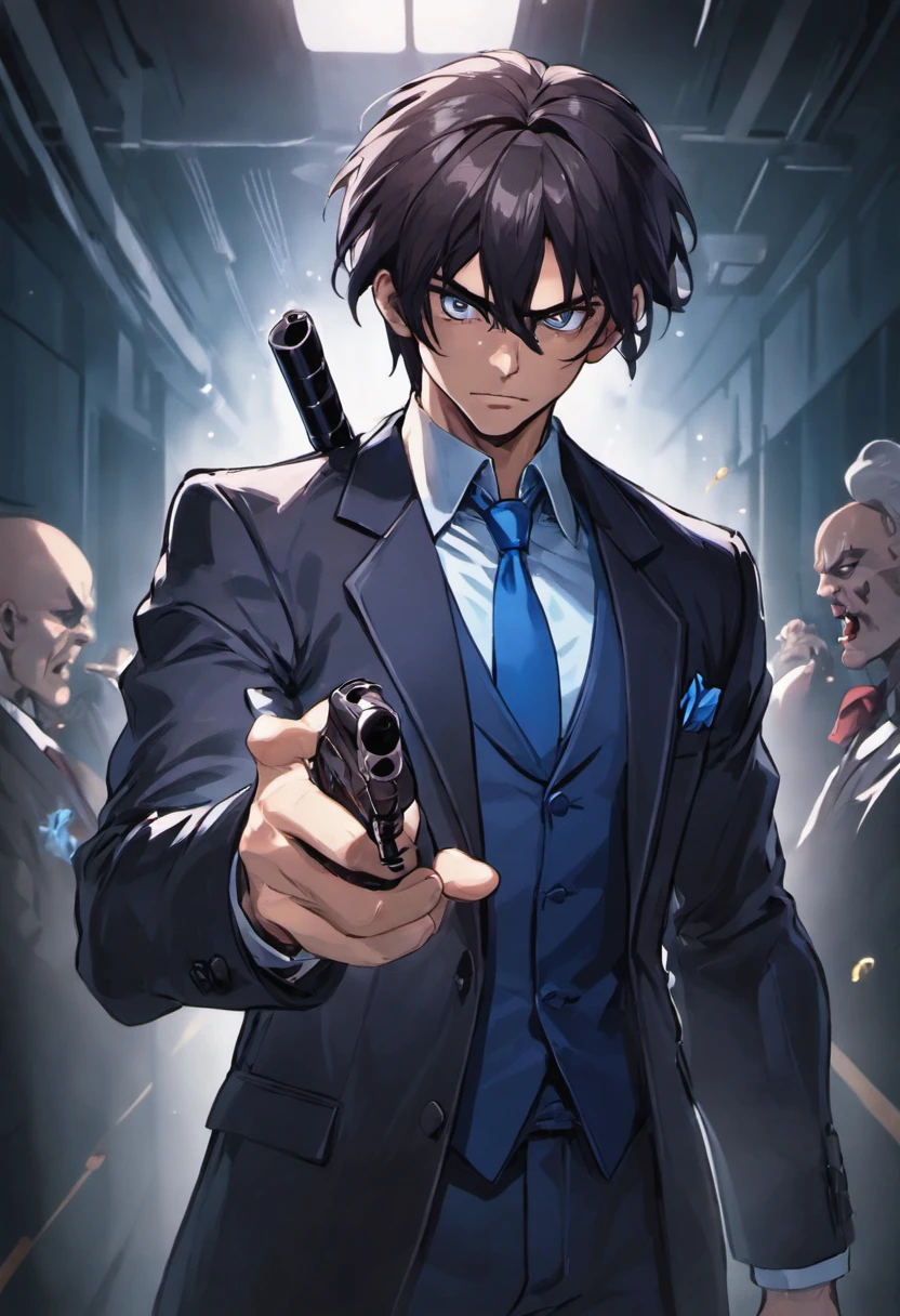 (best quality, Realistic), homem forte e robusto de vinte e poucos anos, cabelos grisalhos e olhos azuis, vestindo um terno branco. He has a mature, confident look on his face as he holds a gun in his hand. The man is in a dimly lit room with a sense of anticipation. Os detalhes de seu rosto, Hair, and suit are extremely detailed, showing the high resolution of the image. The lighting in the room is dramatic, with shadows enhancing the mysterious atmosphere. The overall color tone of the image is cool, com um toque de azul, creating a sense of intrigue.