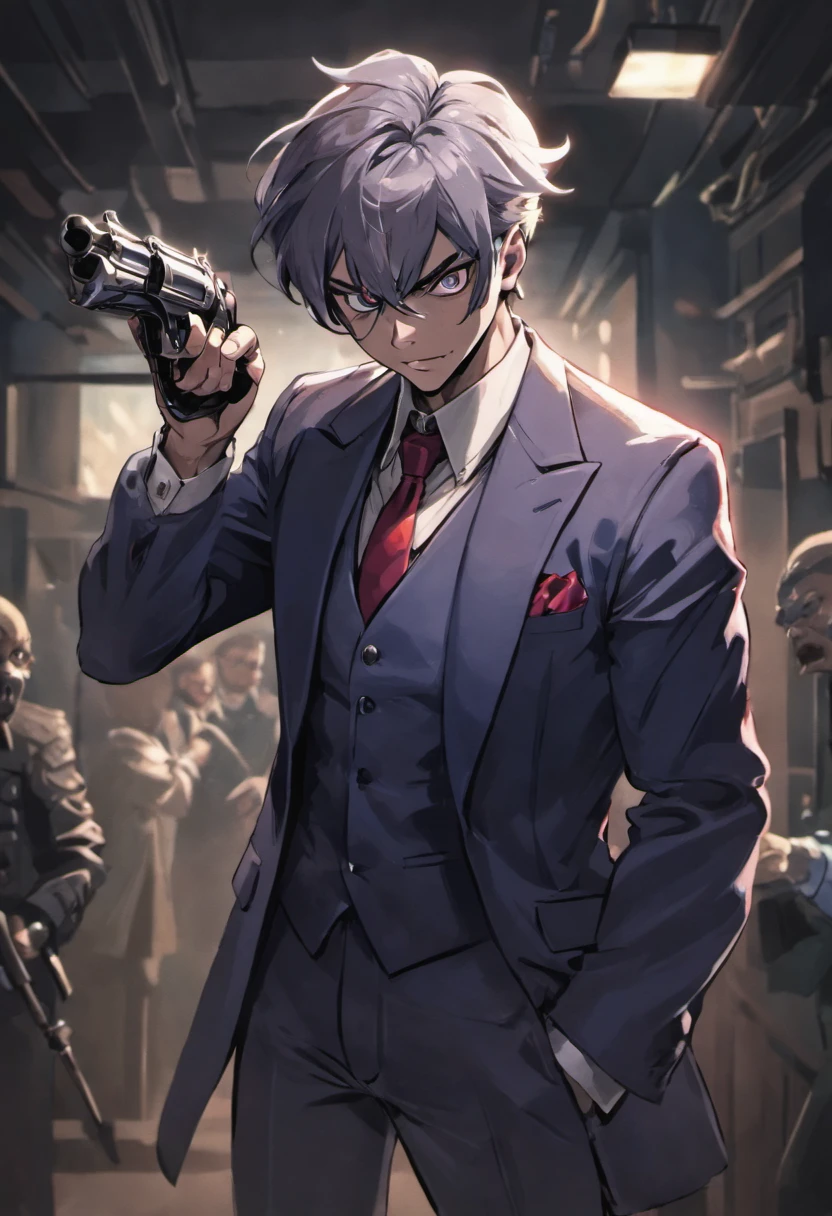 (best quality, Realistic), homem forte e robusto de vinte e poucos anos, cabelos grisalhos e olhos azuis, vestindo um terno branco. He has a mature, confident look on his face as he holds a gun in his hand. The man is in a dimly lit room with a sense of anticipation. Os detalhes de seu rosto, Hair, and suit are extremely detailed, showing the high resolution of the image. The lighting in the room is dramatic, with shadows enhancing the mysterious atmosphere. The overall color tone of the image is cool, com um toque de azul, creating a sense of intrigue.