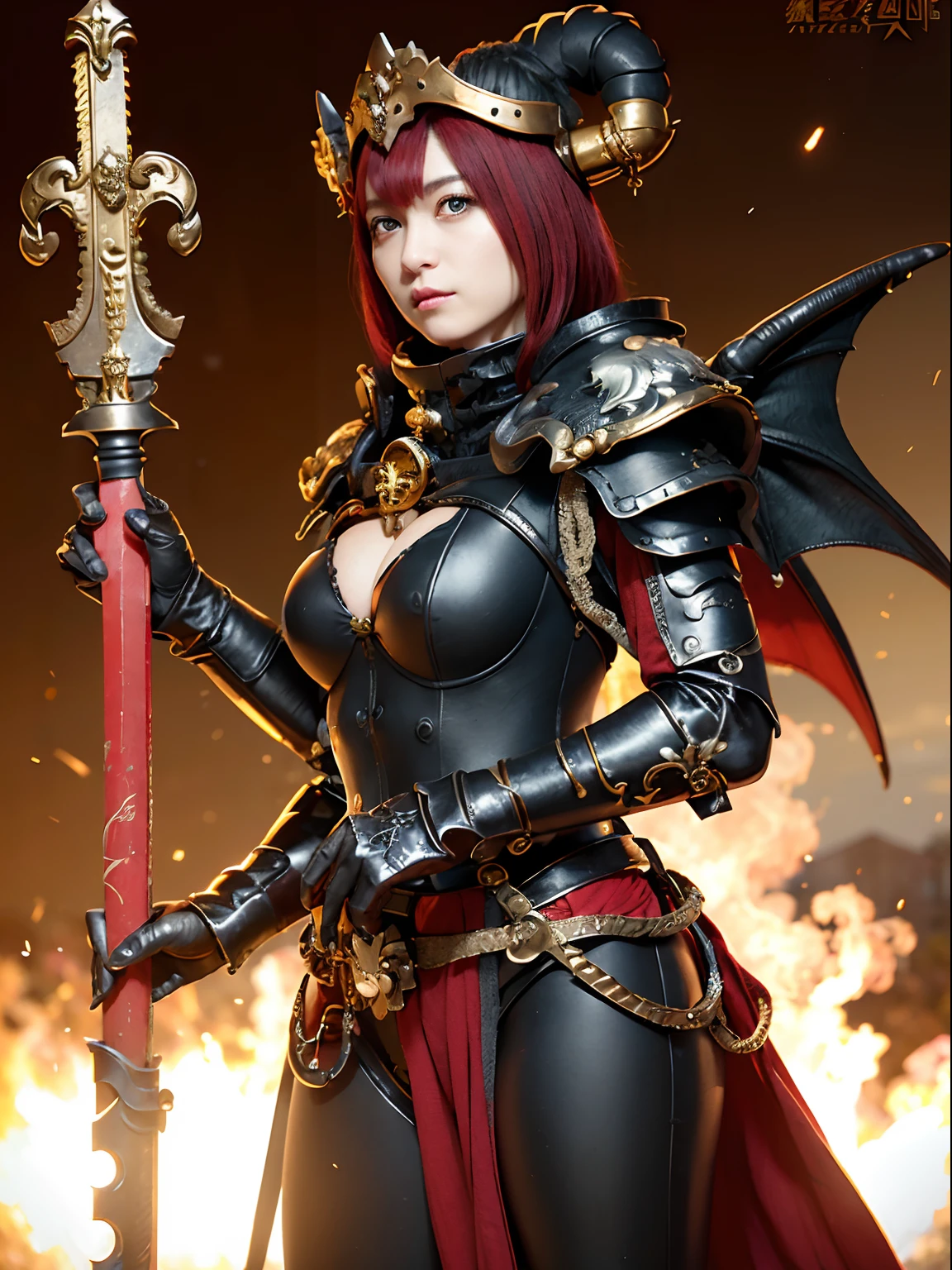 (masutepiece), Professional , masterpiece、top-quality、photos realistic , depth of fields 、(Dragon Black Metal Body:1.9),(Matte Blue Black、(cleavage of the breast)、Dragon Gold Weapon(Dragon Metal Body:1.4),Gorgeous gold weapons , Paint falling on her body, Viscous red liquid,(( Dragon's dense and gorgeous sword)) , (demonic wings) ,warhammer 40k , adepta sororitas,Detail and gorgeous crown、((Red hair))、(Castle background)、((Gangle's forest background))、Beautiful Caucasian beauty、1a person、dynamic ungle,(((Detailed and ornate dragon helmet)))、Smaller head、A smile、Castle background、Thin and beautiful female hands、cleavage of the breast、Soldier in iron armor on background、Mystical expression、Light Effects、intense fighting、Wind-effect、magic circles、With the legendary magic wand、Dragon's tail、