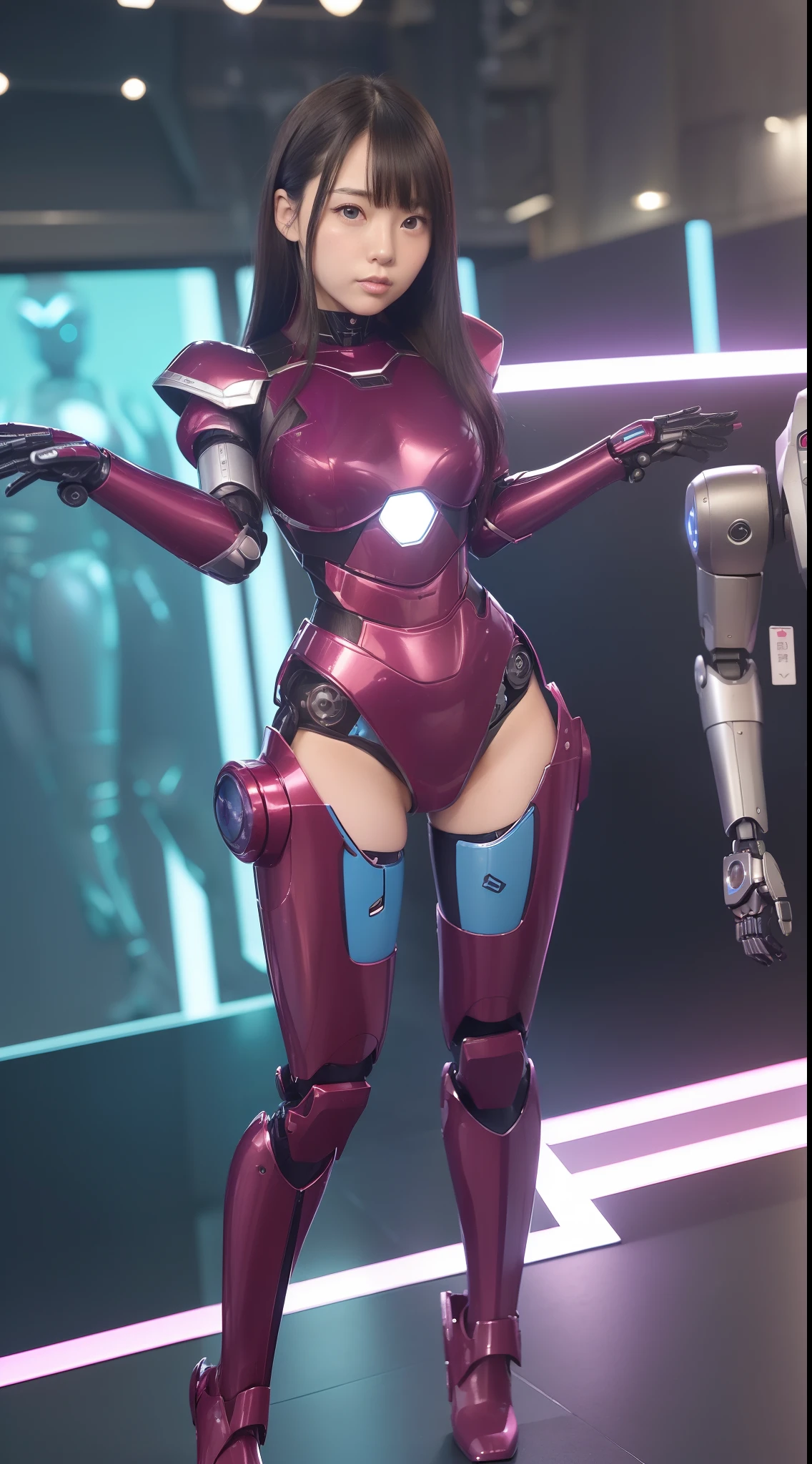 ((masterpiece, 8K, 3D, Realistic, Super Detail)), (1girl:1.3), slender 17 age, Ultra Micro photography, Super realistic, Perfect face, Beautiful features, ((Perfect female body)) Beautiful features, ( body), ((small hip)), Lisa Blackpink as Pink as ironman ((Exposed thigh)), Exposed Skin, Front Full body Shot, full body portrait, futuristic city background