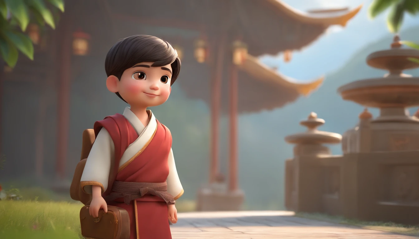 A happy and cute boy stood,short detailed hair, wearing a hanfu,Carrying a school bag , Full body image display,white backgrounid, Gamine, Toon, pixar-style, 。.3D, cartoony, Detal Face, Asymmetric 16K