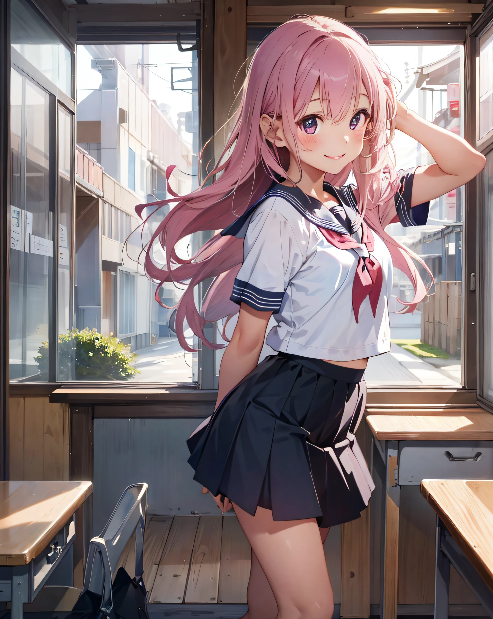 (​masterpiece), (top-quality), Super long hair、Sailor suit with short sleeves、Fluttering miniskirt、A pink-haired、posterior view、Japan School Classroom、Turned、ssmile、 (realistic:1.5), 1 , precise small hands, Embarrassed look, Smile, extremely cute girl, Clear eyes, Shining eyes,