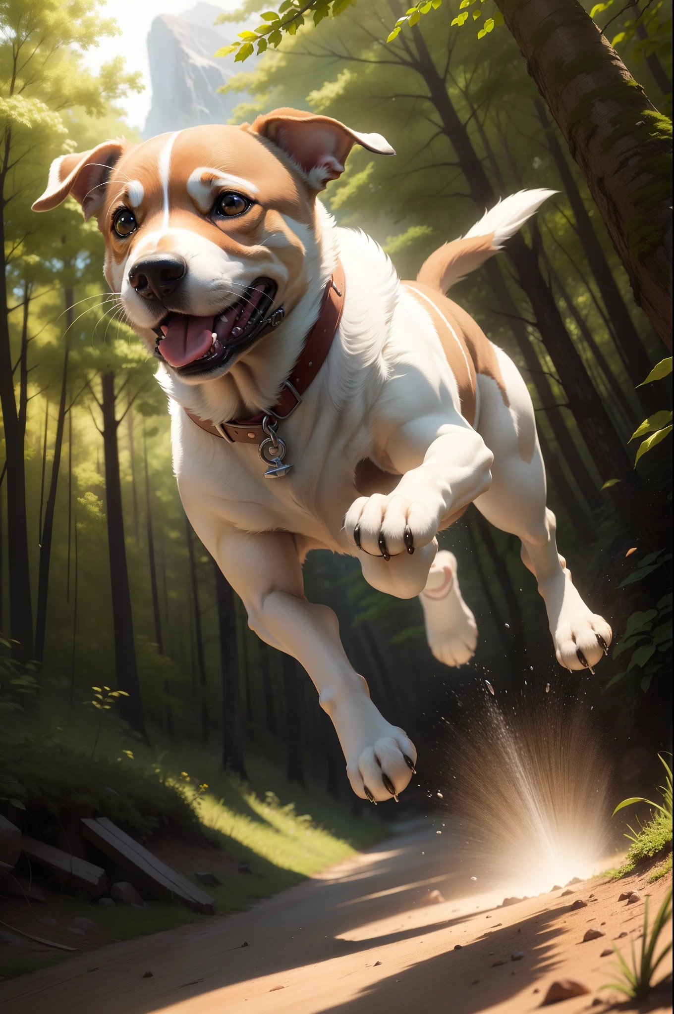 Close up portrait of dog running in forest with sun shining, happy dog, ( Dog ) jumps from mountain, ( Dog ) jumps over hill, Cute dog, high-quality wallpaper, jumping towards viewer, dog jumps over hill, leaping towards viewer, imagem hiperrealista, high-quality wallpaper, Very detailed photos of Happy, Jump for joy, Jack Russell Terrier　realistic representation　8K,　A hyper-realistic　超A high resolution　super precision