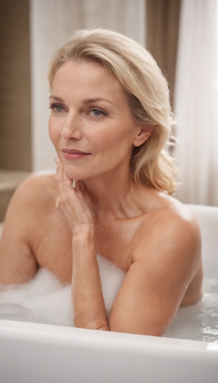 high quality middle-aged woman beautiful blonde taking a bath