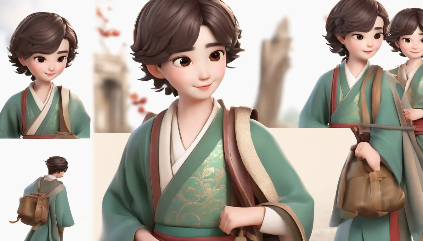 A happy and cute boy stood up,short detailed hair, wearing a hanfu,Carrying a school bag , Full body image display,white backgrounid, Gamine, Toon, pixar-style, 。.。.3D, Cartoony, Detal Face, Asymmetric 16K