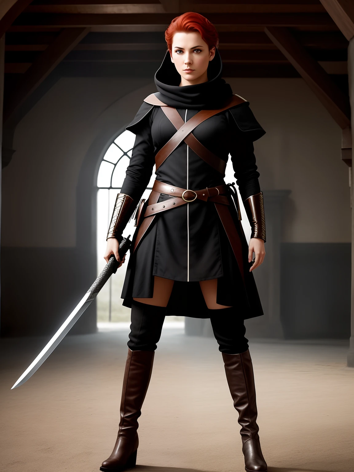 Dark Agnes de Chastillon, personagem feminina criada por Robert Ervin Howard, Woman with short hair trimmed to the shoulder,ruiva, olhos azuis penetrantes, beleza selvagem, Woman wearing men's clothes without losing her sensuality with long boots up to the thigh and a dark hooded robe , set in the sixteenth century,holding a sword in one hand going to the battlefield to face his enemies ,com destreza e coragem , little lighting, (detalhes intrincados), hdr, (detalhes intrincados, hiperdetalhado:1.2), Cinematographic shot, vinheta, centralizado